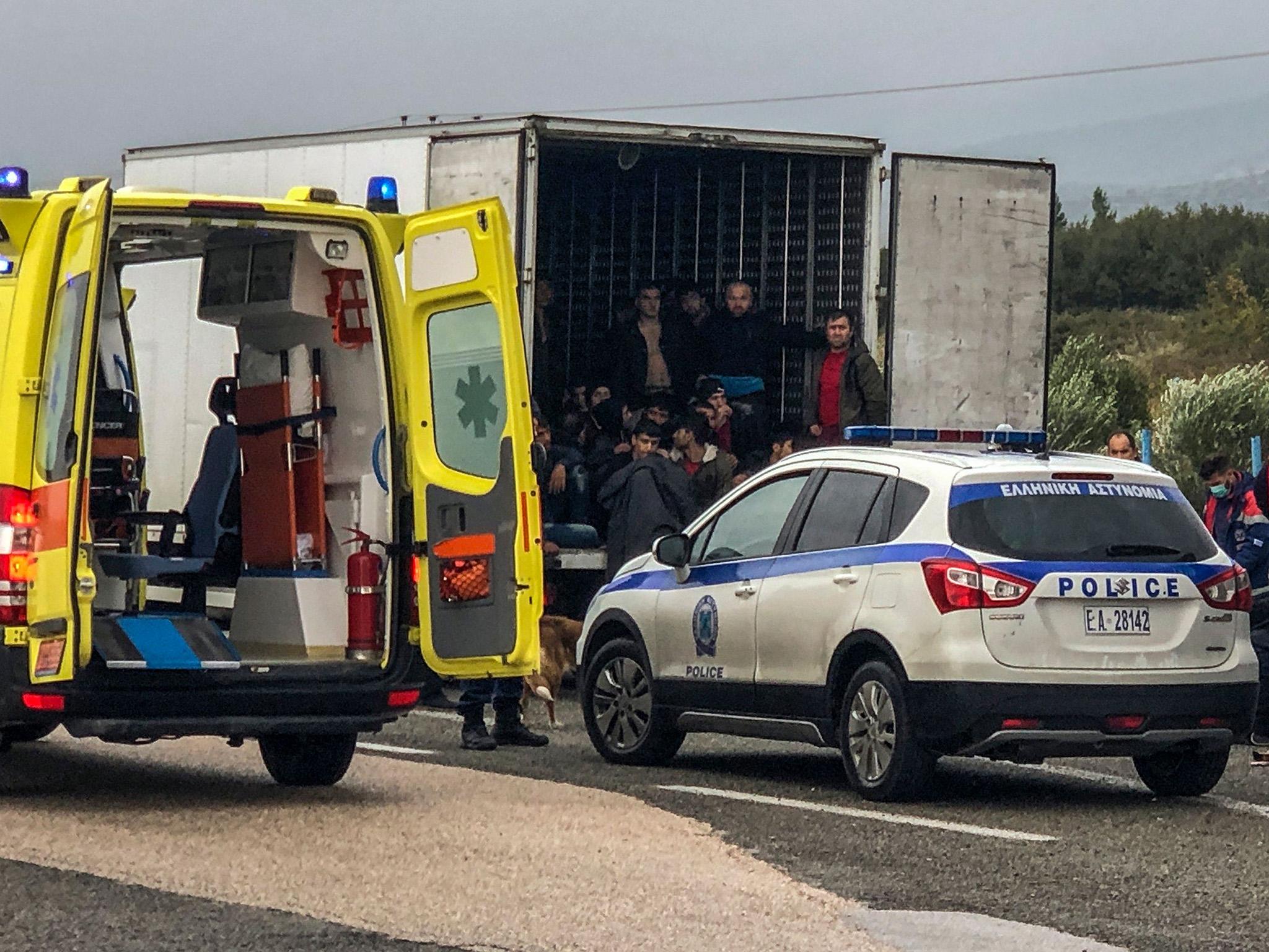 Emergency services are on the scene where 41 migrants have been found in the back of a lorry