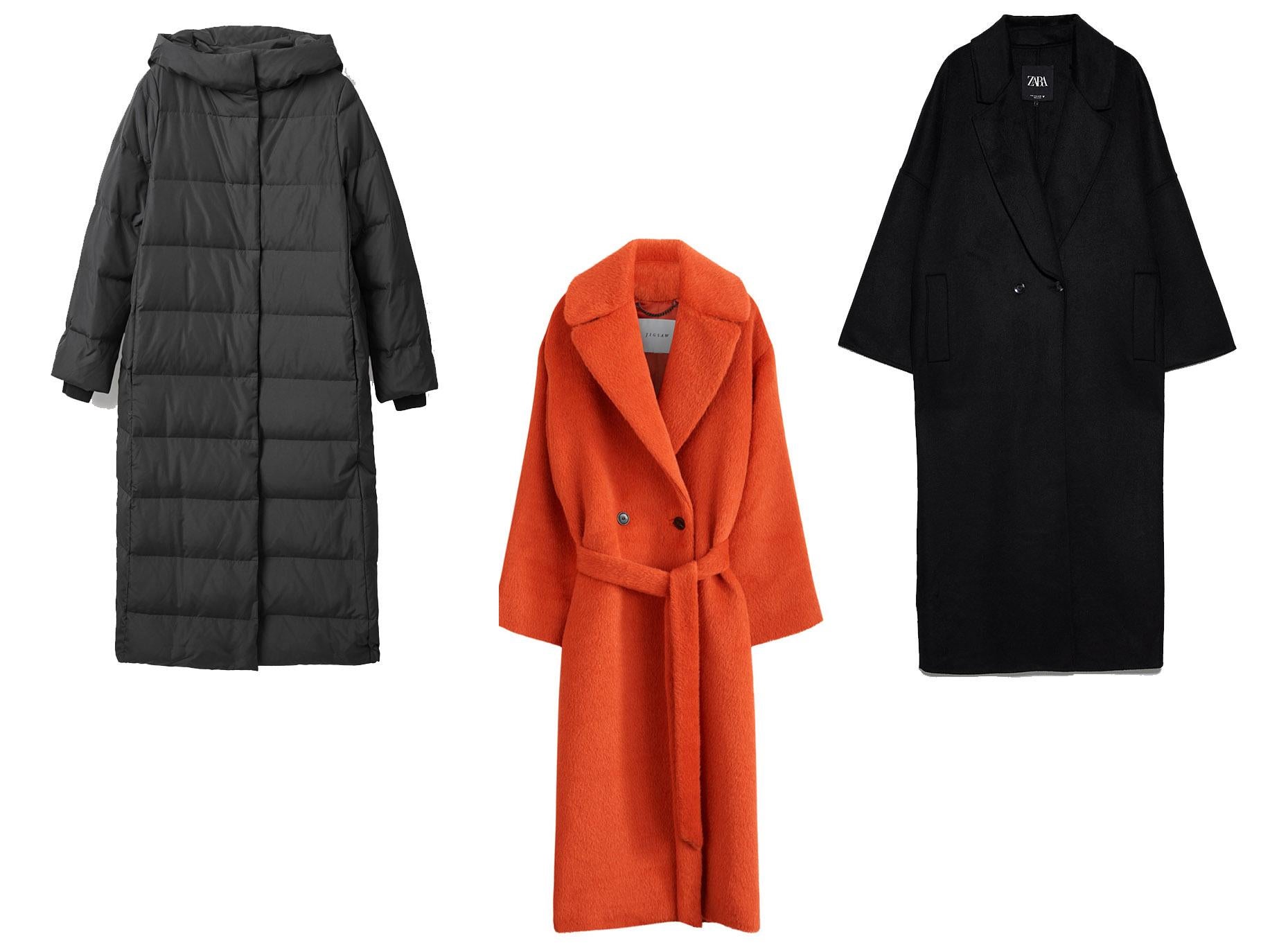 Hooded Long Puffer Coat, £180, Cos; Drape Collar Coat, £499, Jigsaw; Oversized Longline Coat, £99.99, Zara