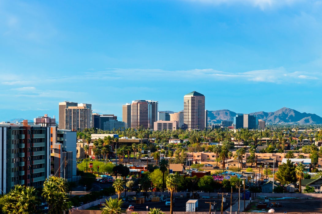 Downtown Scottsdale is framed by the White Tank mountain range