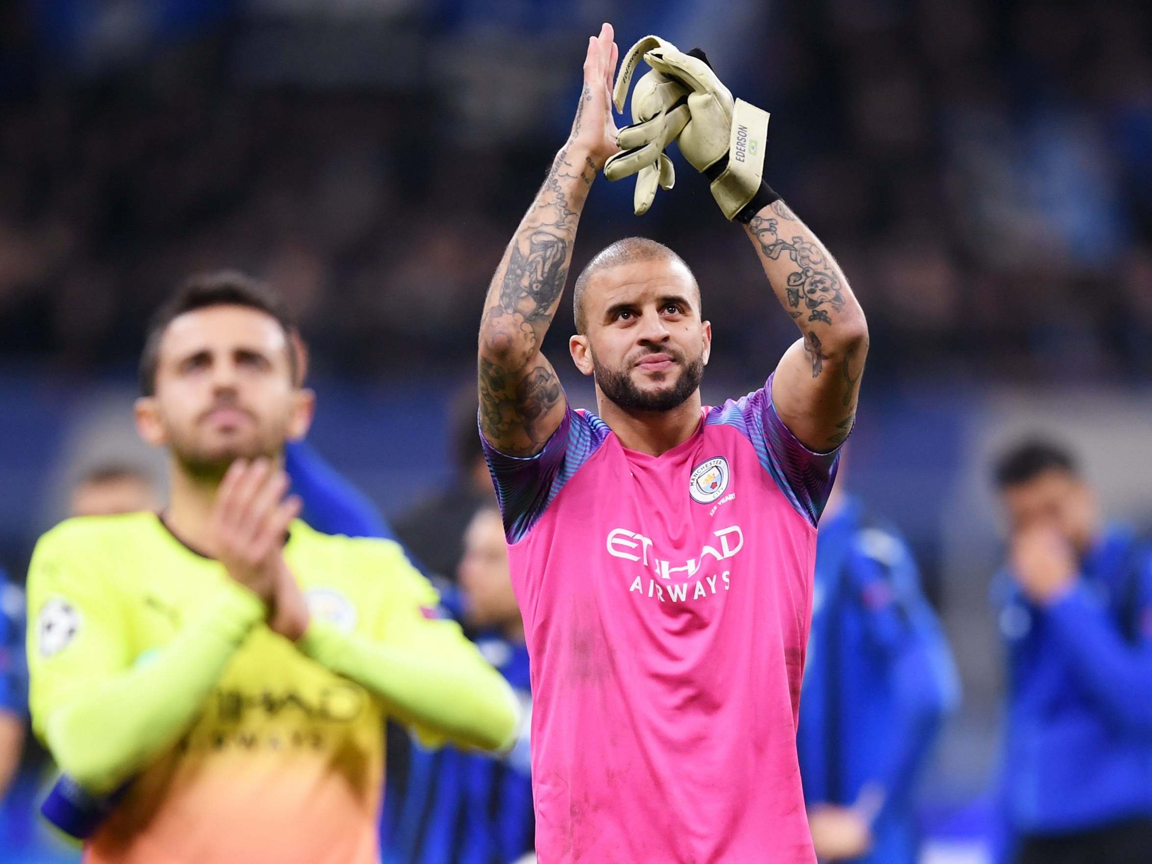 Kyle Walker applauds the Manchester City supporters at full-time