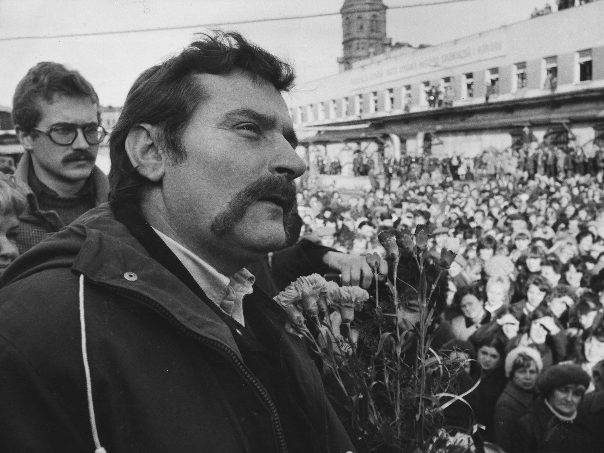 Polish trade unionist Lech Walesa with a crowd of workers in Zyrandow. He went on to become the president of Poland