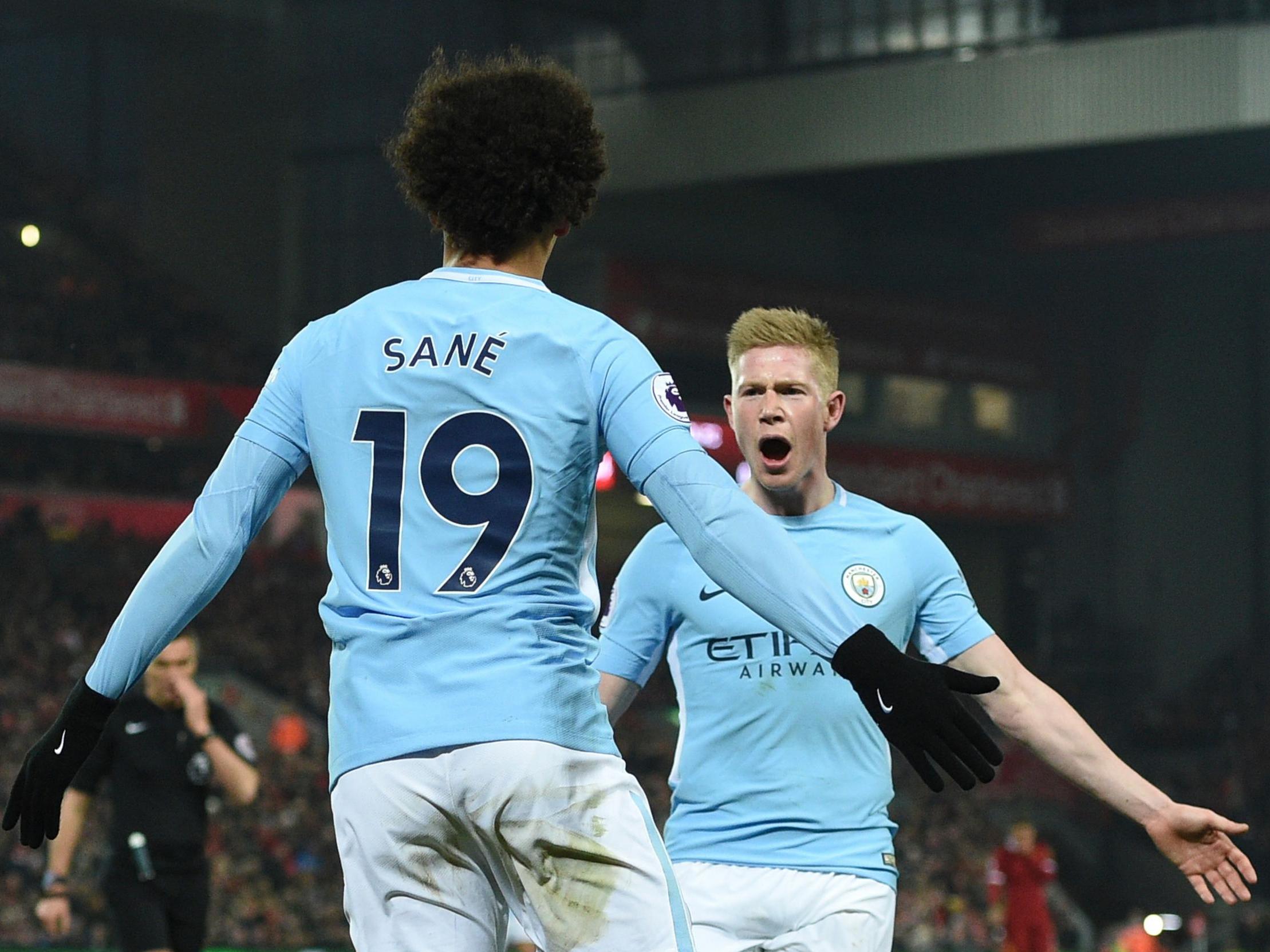 Manchester City's Leroy Sane celebrates scoring with Kevin De Bruyne