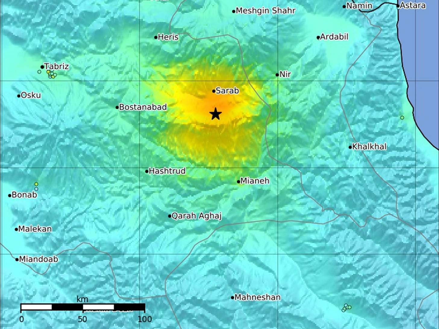 A graphic made available by the USGS showing the impact and epicentre (starred) of a magnitude-5.9 earthquake in northwestern Iran