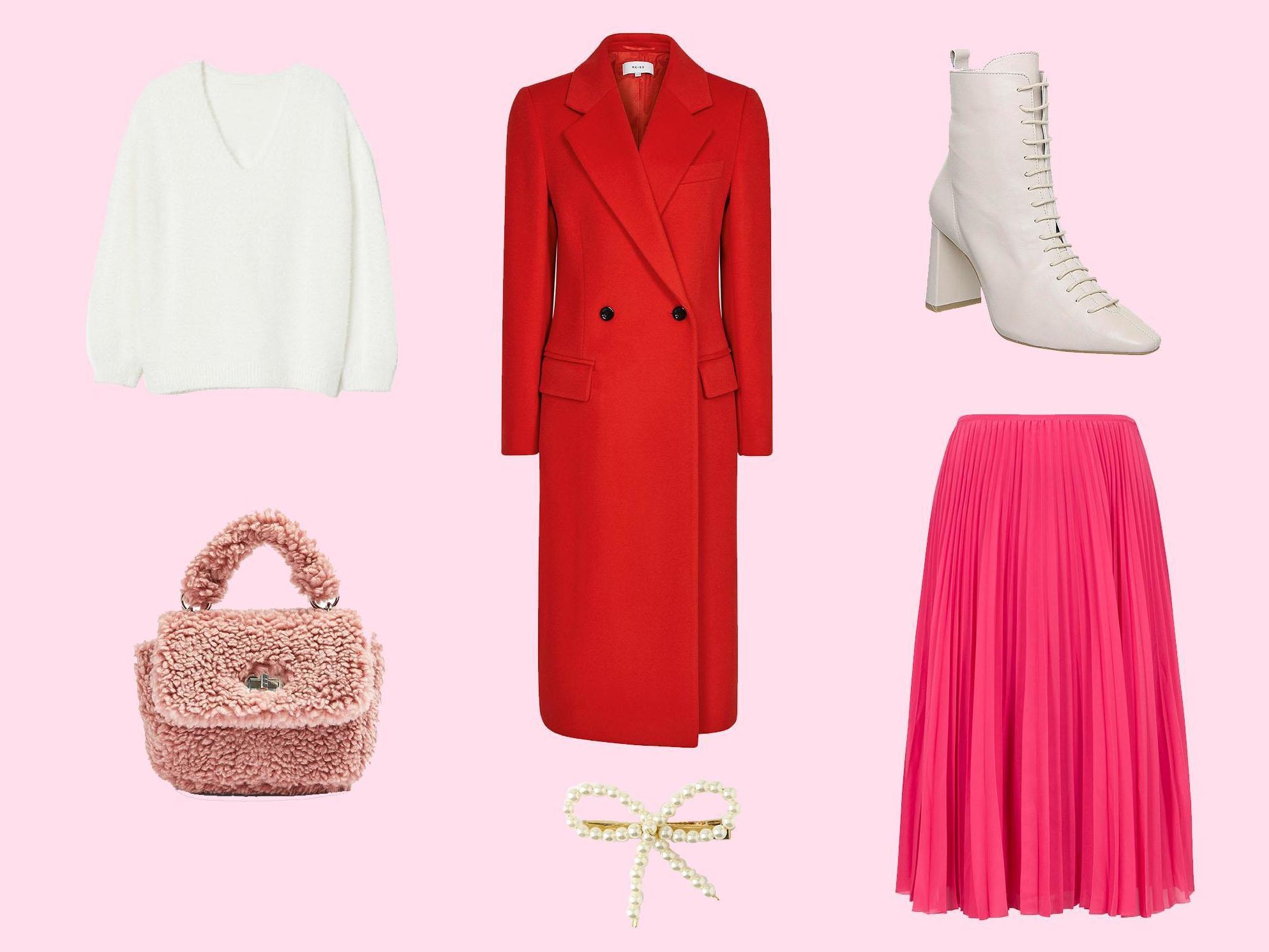 Sabel Wool Blend Overcoat, £345, Reiss; Fluffy Jumper, £19.99, H&amp;M; Samsoe &amp; Samsoe Juliette Pink Pleated Midi Skirt, £110, Harvey Nichols; Cosy Pink Borg Grab Bag, £22, Topshop; Pearl Bow Hair Clip, £15, Orelia; Affection Block Heel Boots, £95, Office