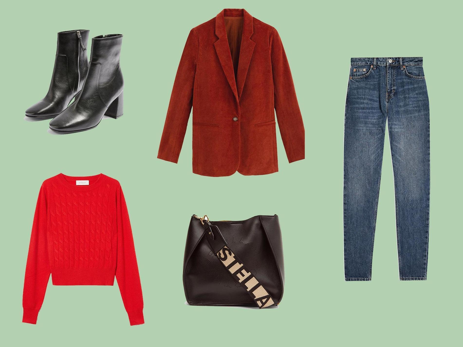 Cable-Knit Cashmere Jumper, £445, SportMax; Rich Blue Mom Jeans, £40, Topshop; Straight Cut Corduroy Blazer, £60, La Redoute; Mabel Leather Black Block Boots, £49, Topshop; Stella McCartney Logo-Strap Cross-Body Bag, £545, Matches Fashion