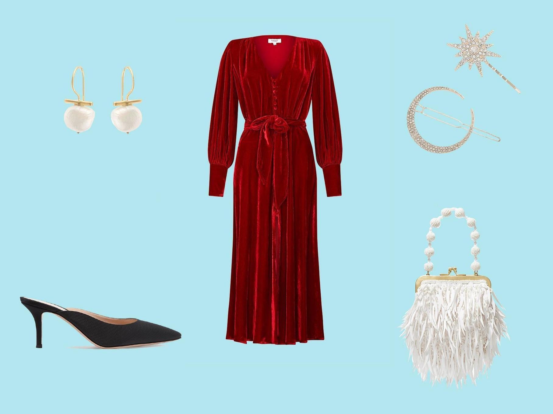 Ginny Dress, £225, Ghost; Almeta Freshwater Pearl &amp; Bar Gold Plated Earrings, £29.50, Oliver Bonas; Luna Moon &amp; Starburst Gem Hair Clips, £15, Oliver Bonas; Gianvito Rossi 70 Grosgrain Mules, £490, Net-a-Porter; Emily Levine, Tribbie Embellished Satin Clutch, £260, Net-a-Porter