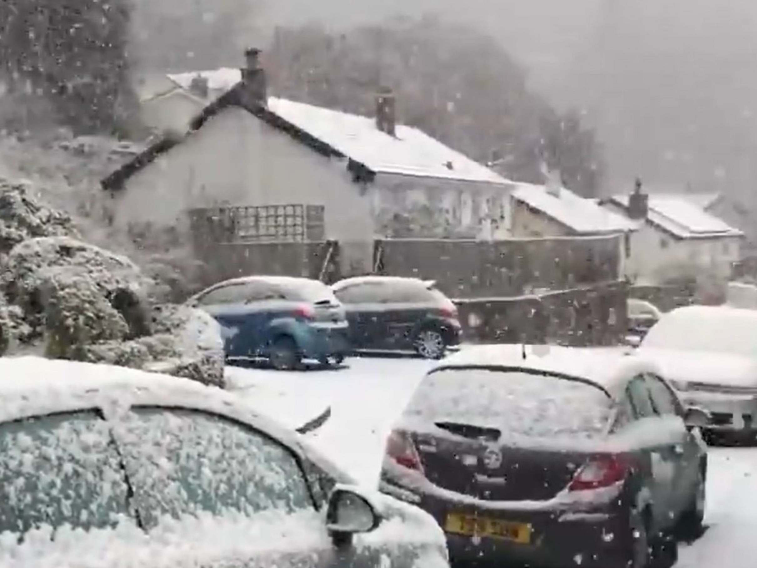 Snow falling in Glyn Ceiriog near Llangollen in North Wales on 9 November, 2019.