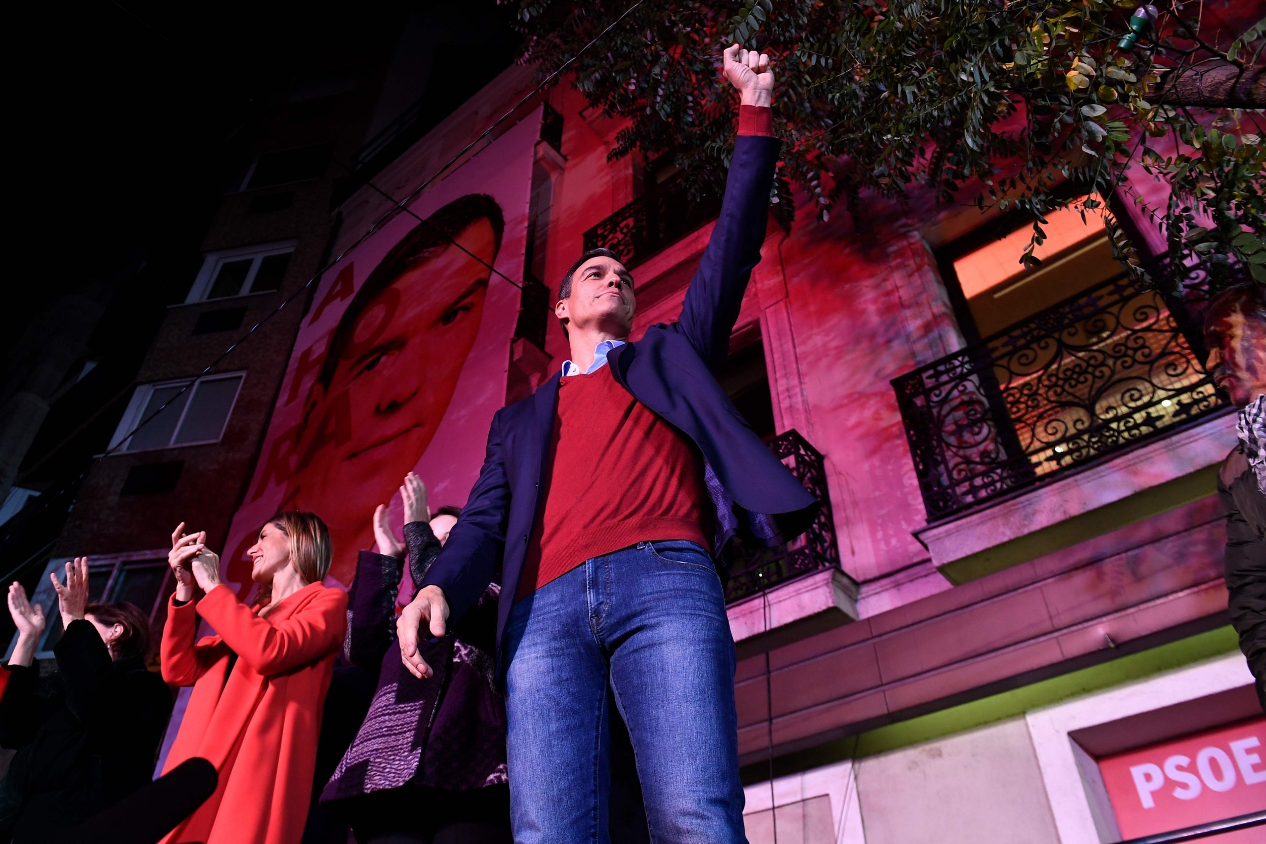 Spanish incumbent prime minister and Socialist Party (PSOE) candidate for re-election, Pedro Sanchez, celebrates his victory during the election night in Madrid