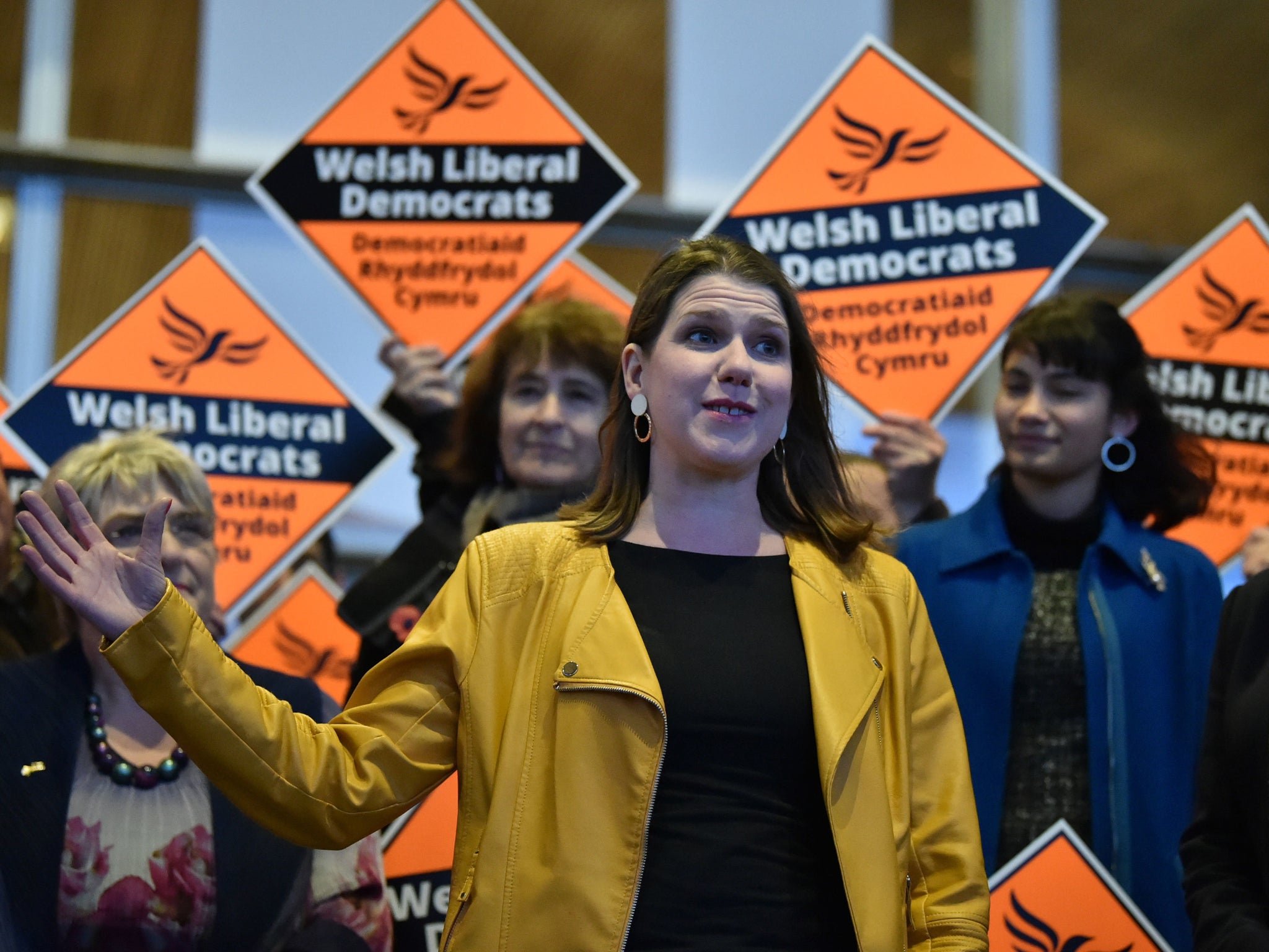 Jo Swinson speaks outside the Senedd, also known as the National Assembly building, in Cardiff