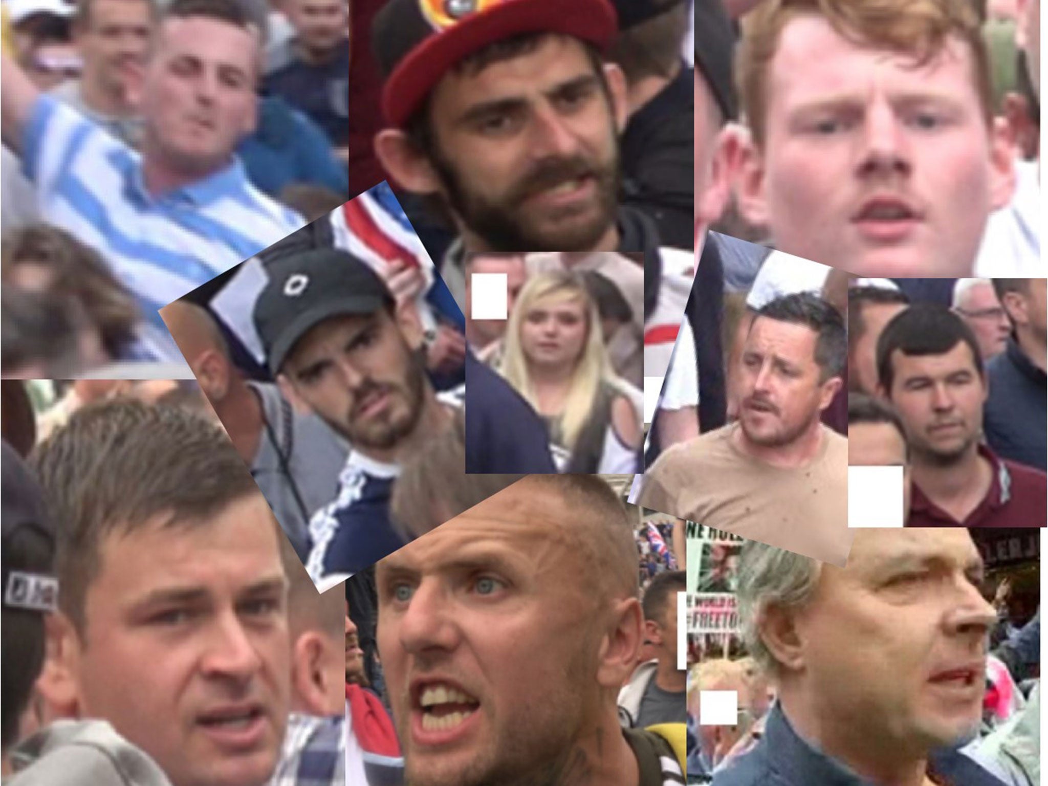 Police have released images of 10 people wanted over violence at a 'Free Tommy Robinson' protest in London on 9 June 2018