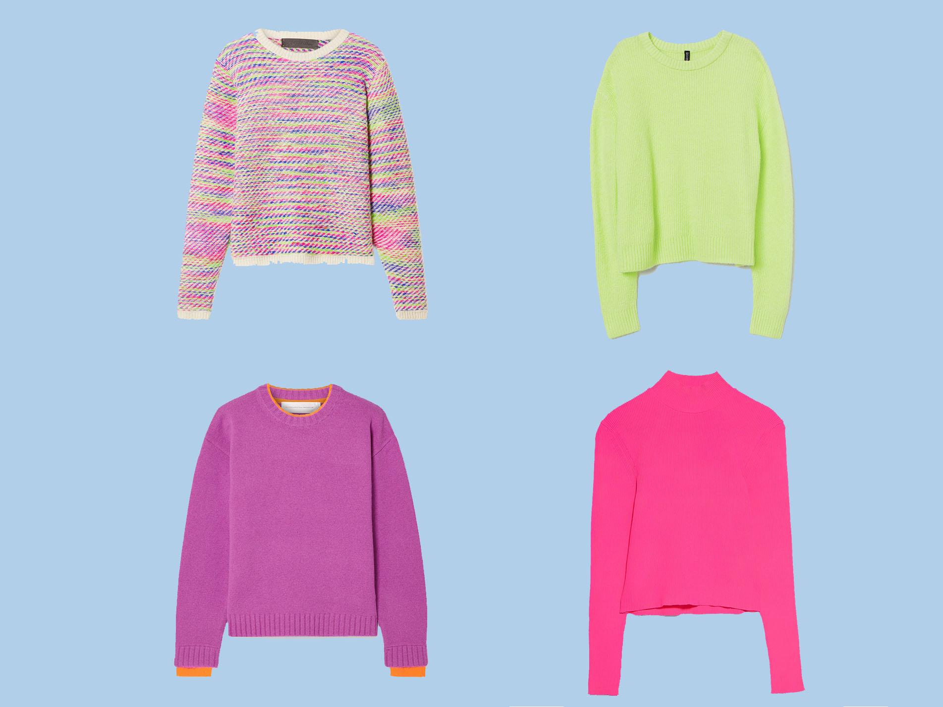 The Elder Statesman, Intarsia Cashmere Sweater, £1,585, Net-a-Porter; Knitted Jumper, £7.99, H&amp;M; Neon High Neck Sweater, £17.99, Zara; Victoria Beckham, Stretch Jersey-Trimmed Wool Sweater, £245, Net-a-Porter