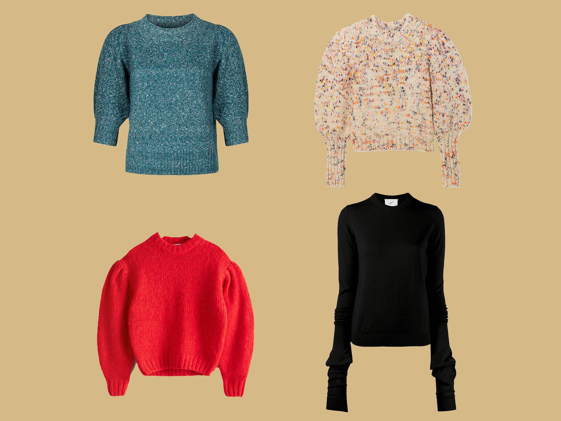 Puff Sleeve Blue Nepped Jumper, £55, Oliver Bonas; Ulla Johnson, Moxie Wool Sweater, £520, Net-a-Porter; Coperni, Oversized Sleeve Jumper, £285, Farfetch; Wool Blend Puff Sleeve Sweater, £85, &amp; Other Stories