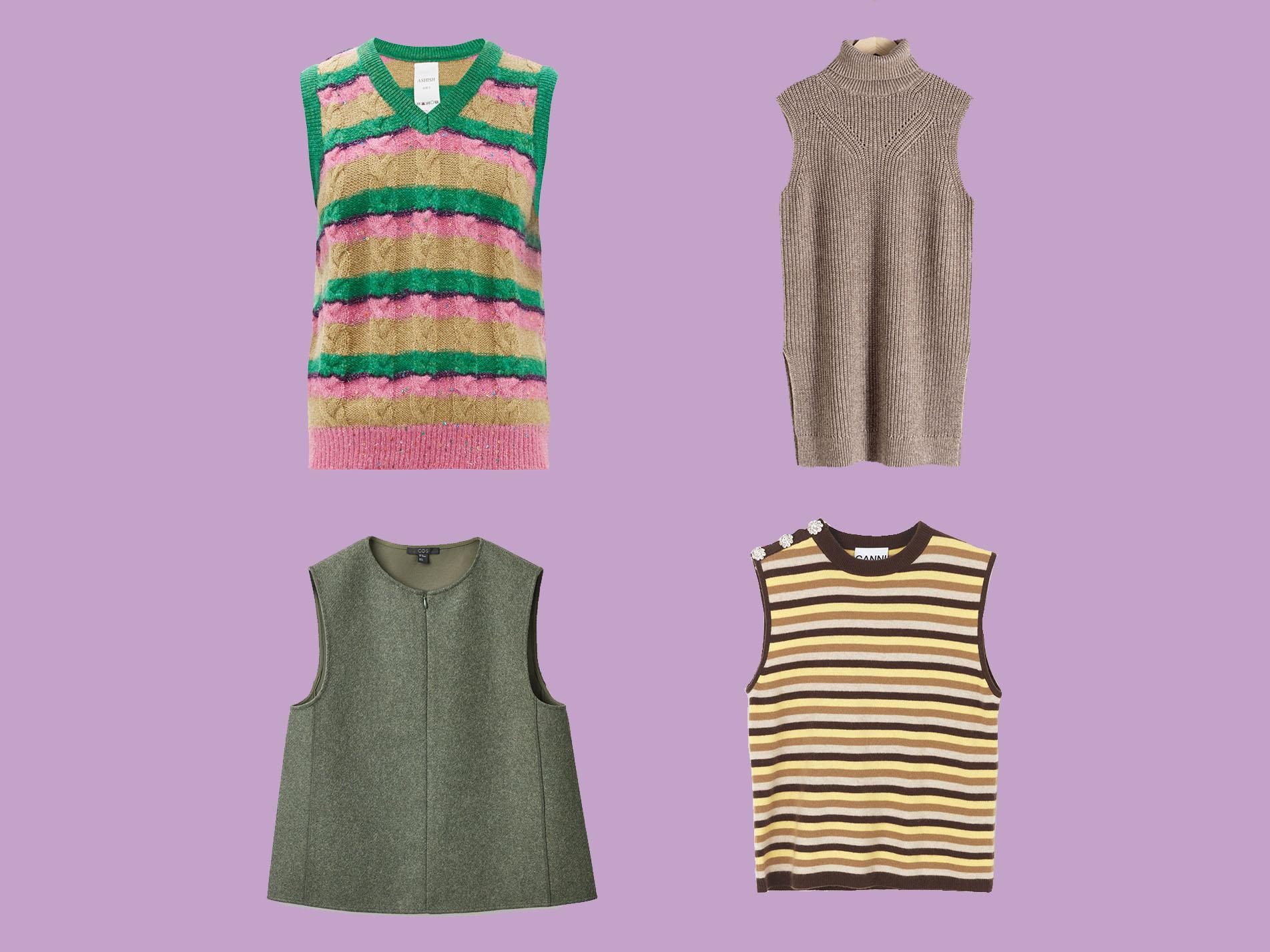 Ashish, Striped Sequinned Cable Knit Tank Top, £320, Matches Fashion; Cotton Blend Knit Turtleneck Vest, £59, &amp; Other Stories; Cashmere Knit Vest, £220, Ganni; Sleeveless Wool-Mix Vest, £59, Cos Stores