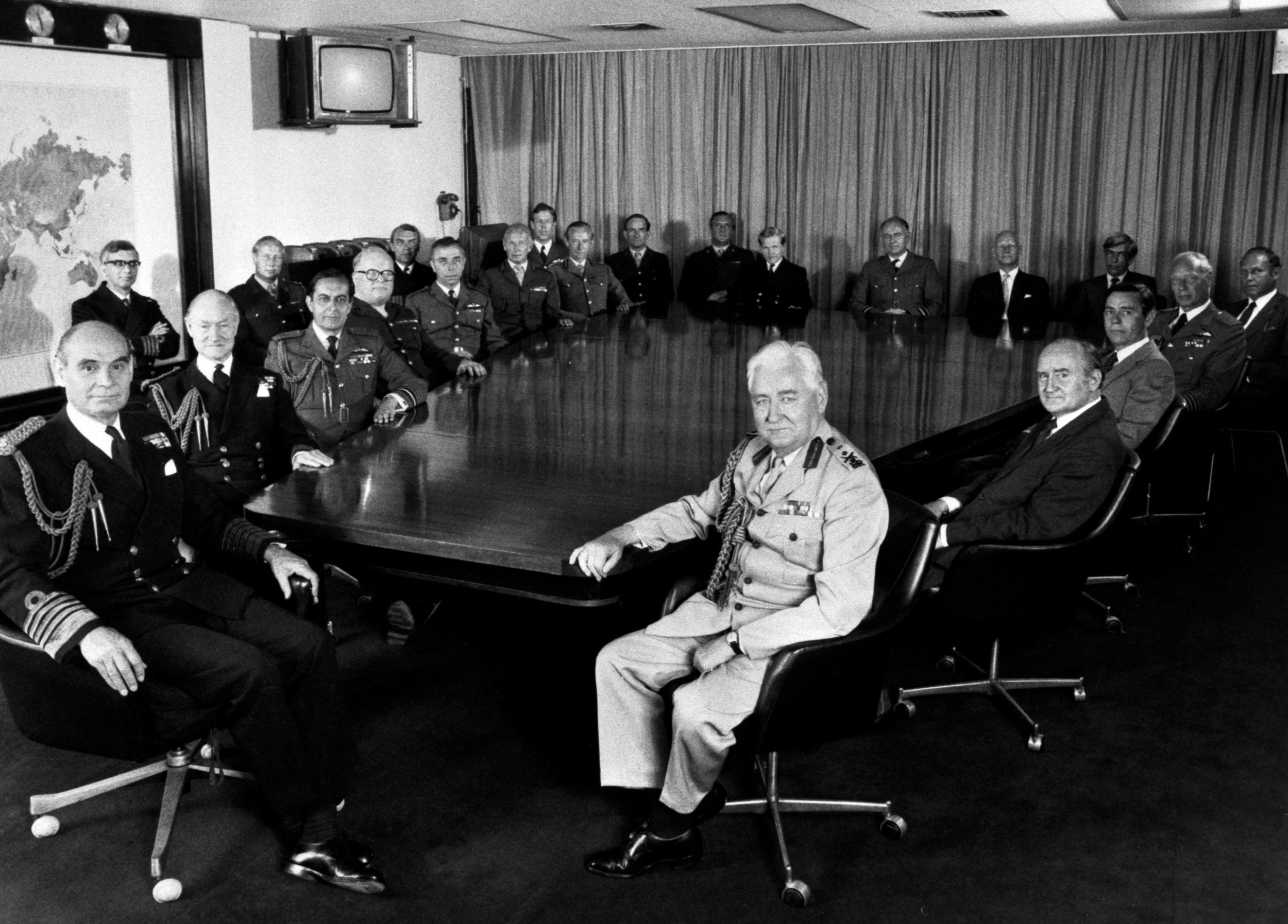 The chiefs of defence staff (Bramall, front) at the conference table in Whitehall at the height of the Falklands conflict in 1982