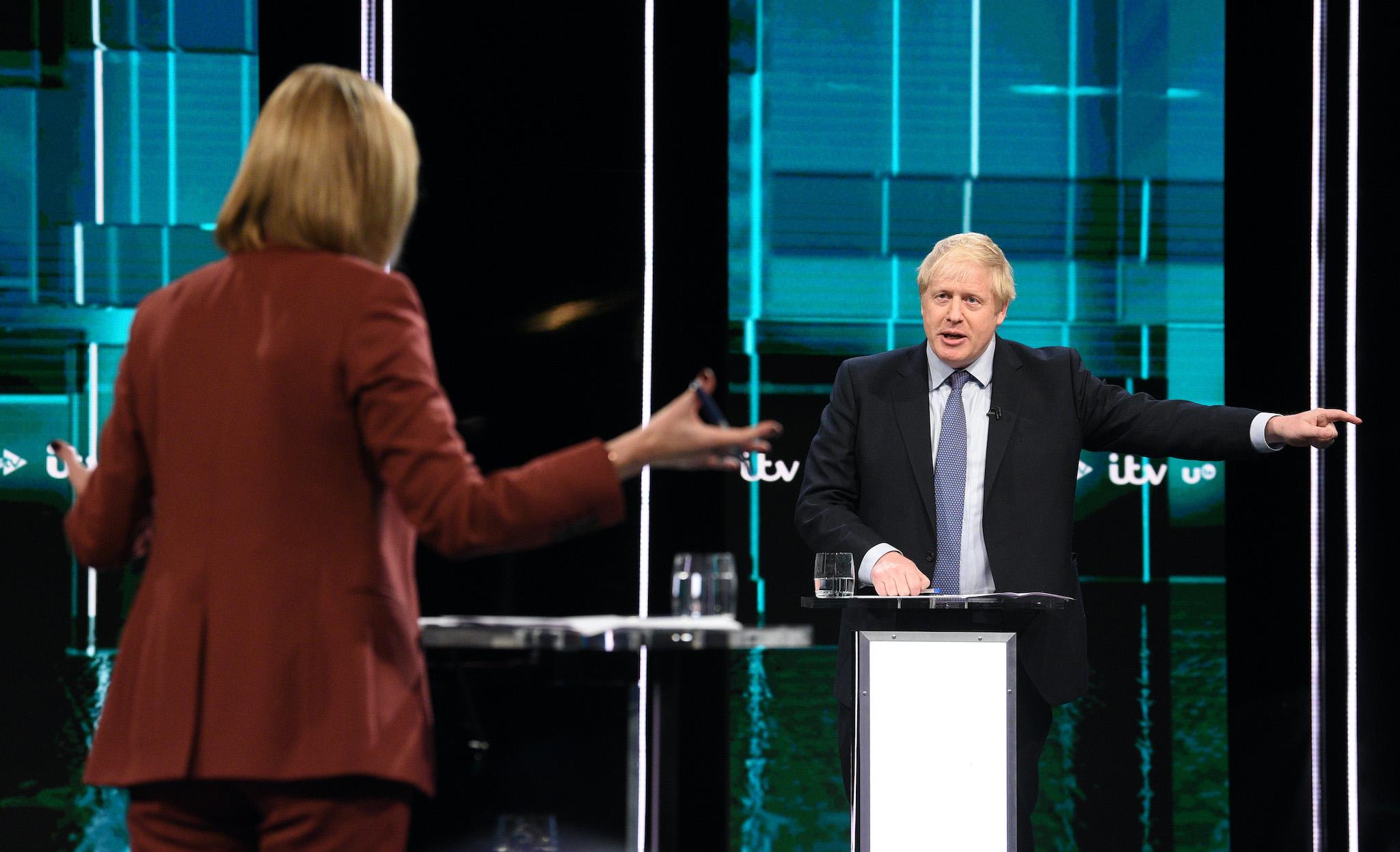 Prime Minister Boris Johnson answers questions during the ITV Leaders Debate at Media Centre on November 19, 2019 in Salford, England