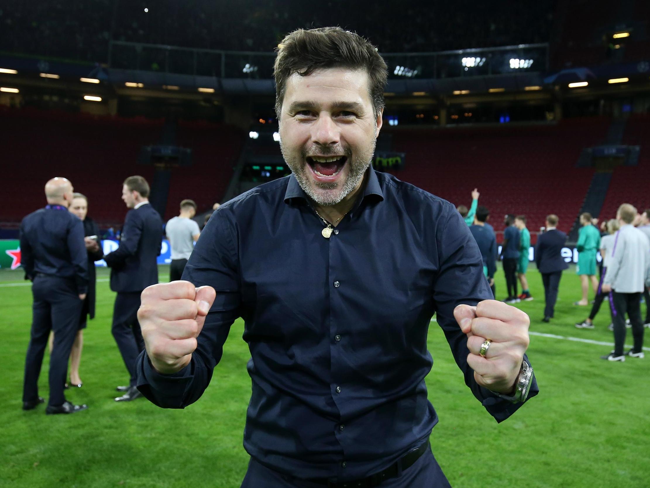 Mauricio Pochettino, Manager of Tottenham Hotspur celebrates victory