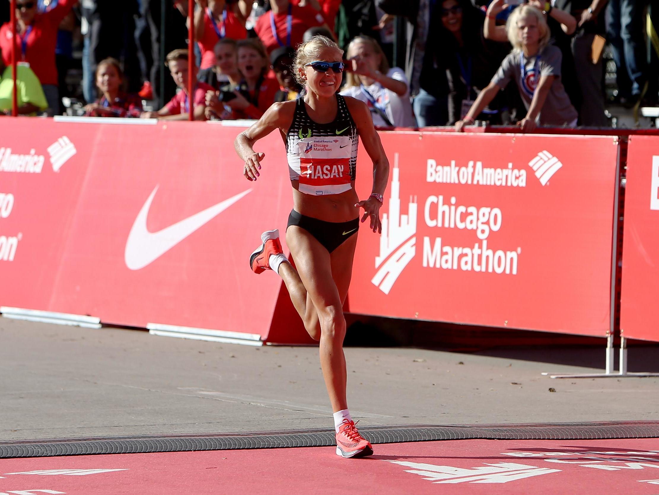 Jordan Hasay crosses the line in the 2017 Chicago Marathon