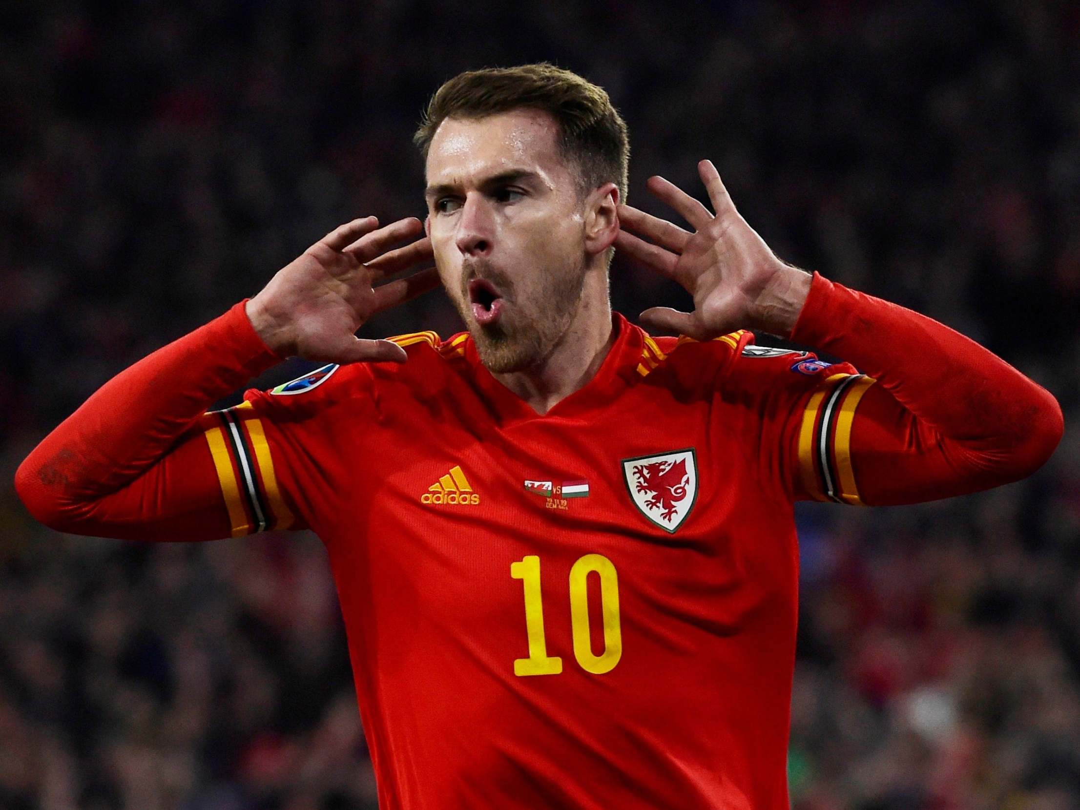 Aaron Ramsey celebrates putting Wales in the lead against Hungary