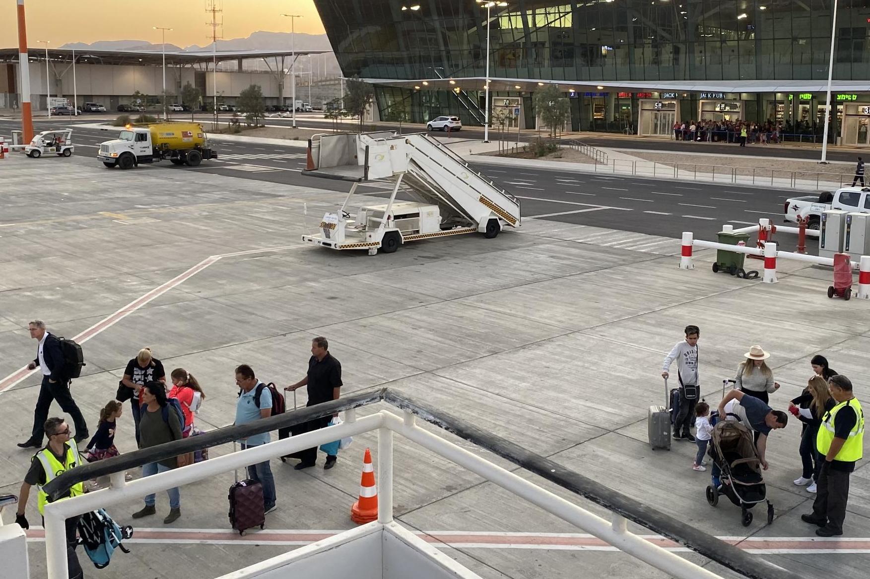 Dodgy character: Simon Calder (left, with backpack) on the apron at Ramon airport in southern Israel