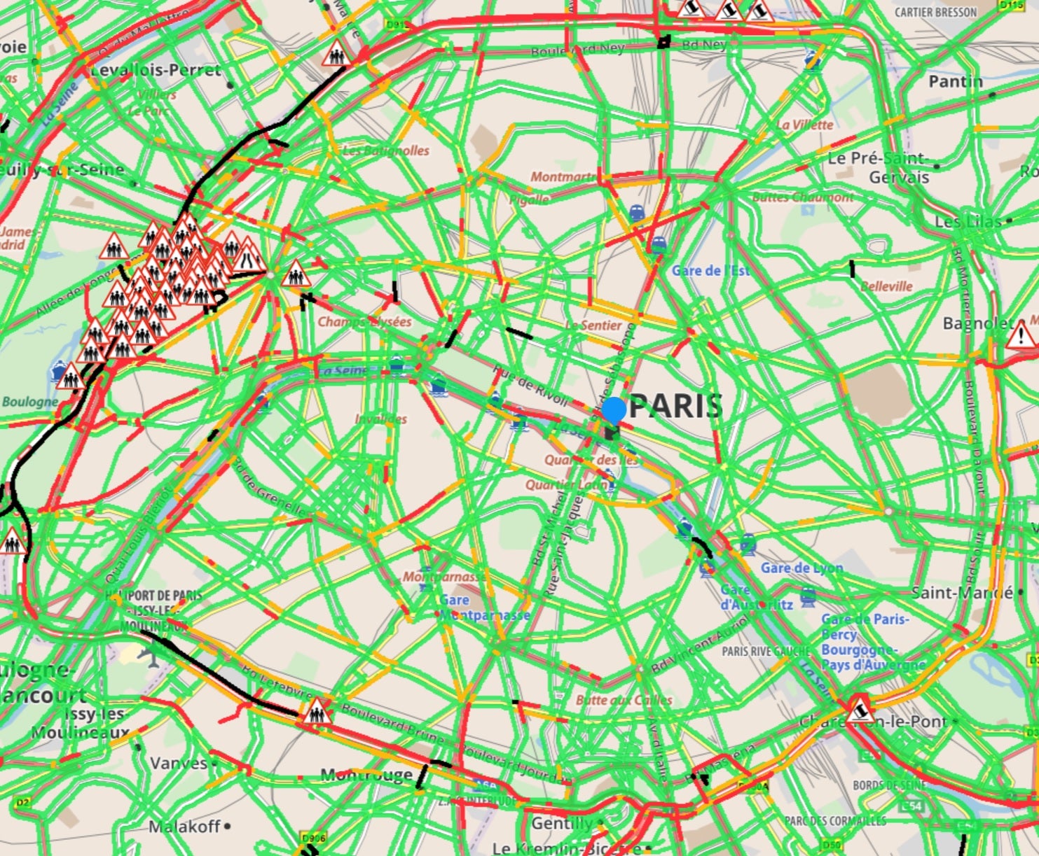 Traffic on the main ring road in Paris was severely affected by the protests