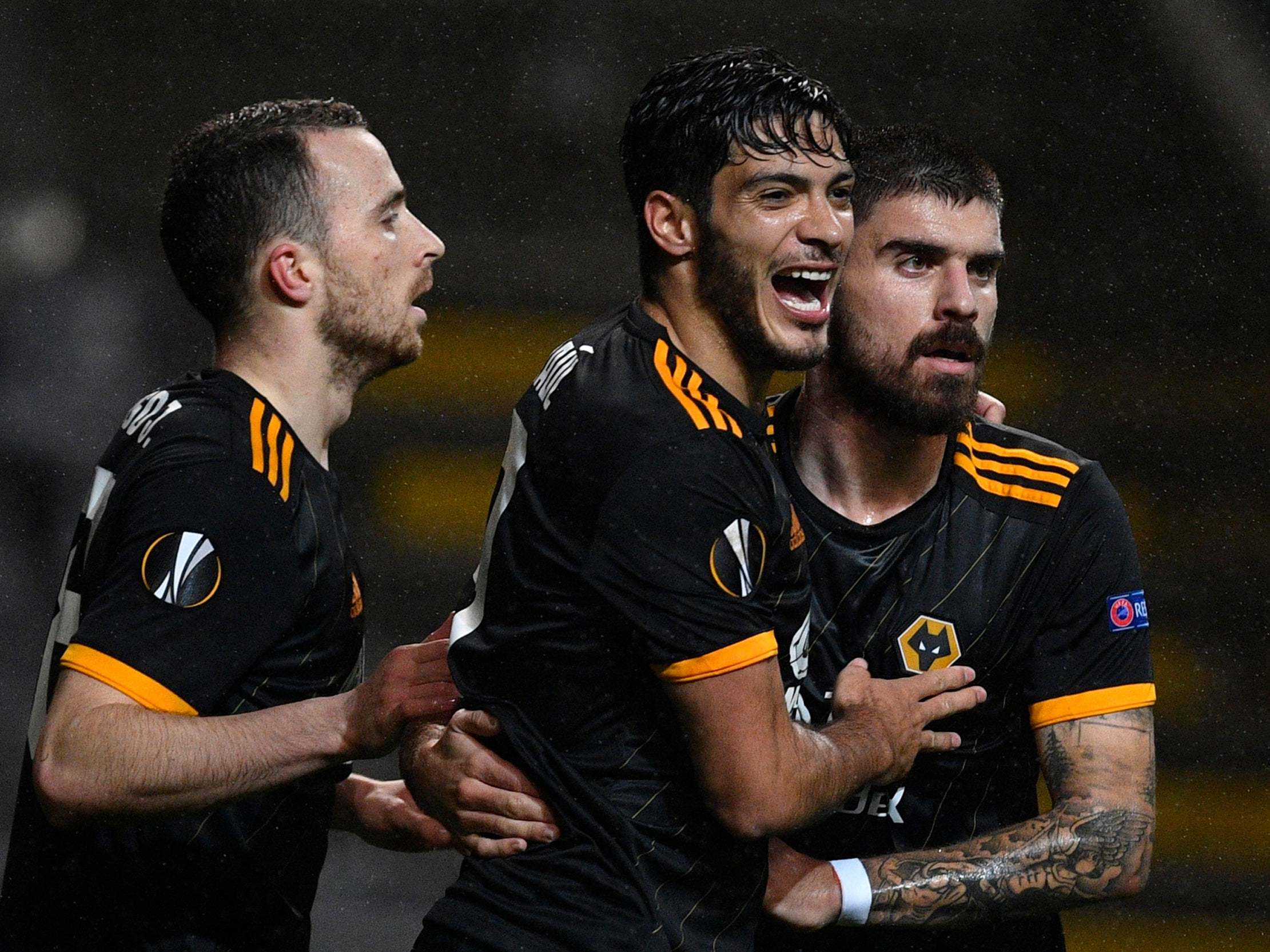 Wolves celebrate after Raul Jimenez's headed goal