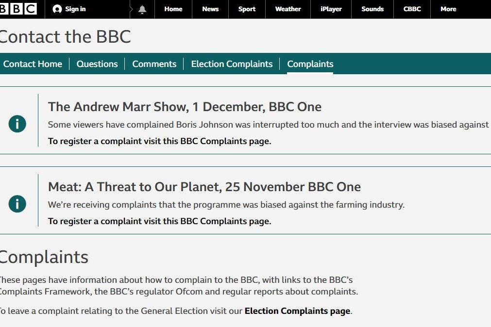 The message on the BBC website complaint's page