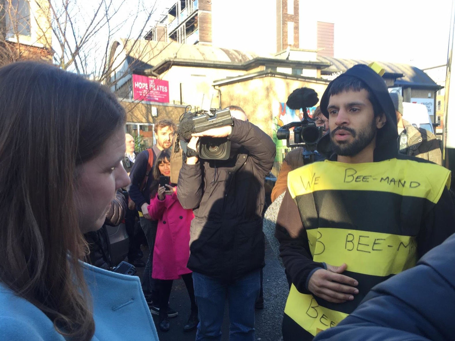 Jo Swinson speaks to Extinction Rebellion protesters dressed as bees