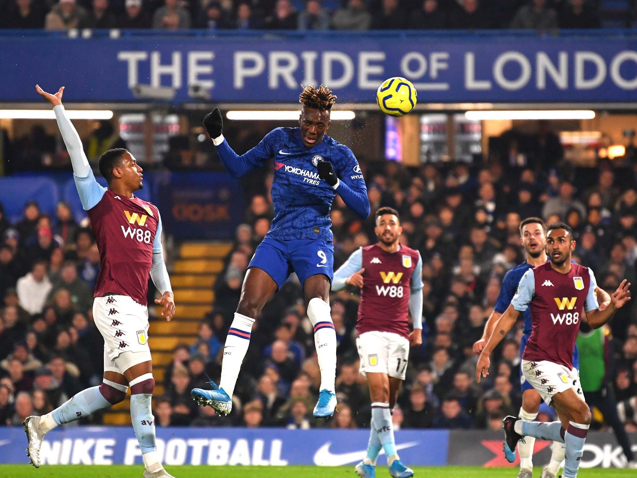 Abraham heads in the opener for Chelsea against Villa