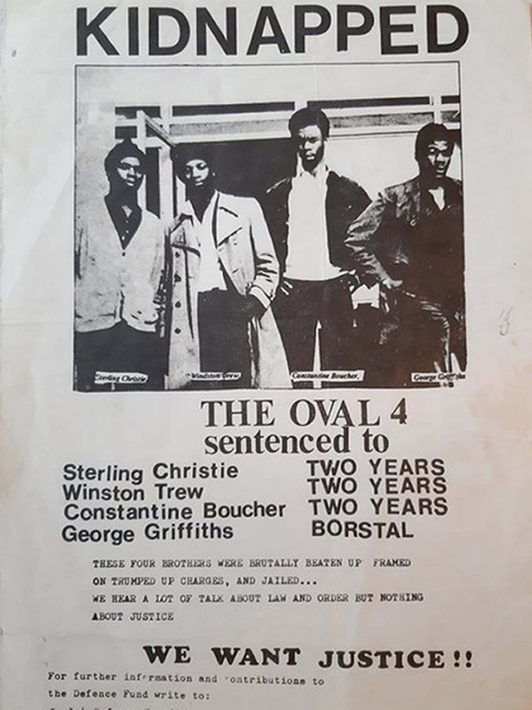 A poster calling for justice for the Oval Four