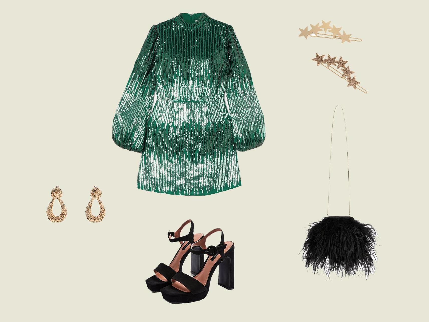 Rixo Samantha Sequined Crepe Mini Dress, £295, Net-a-Porter; Saturn Black High Platform Shoes, £25.60, Topshop; Ostrich Feather Bag, £140, Jaeger; Shooting Star Gold Hair Clips, £9.50, Oliver Bonas; Textured Earrings, £12.99, Zara