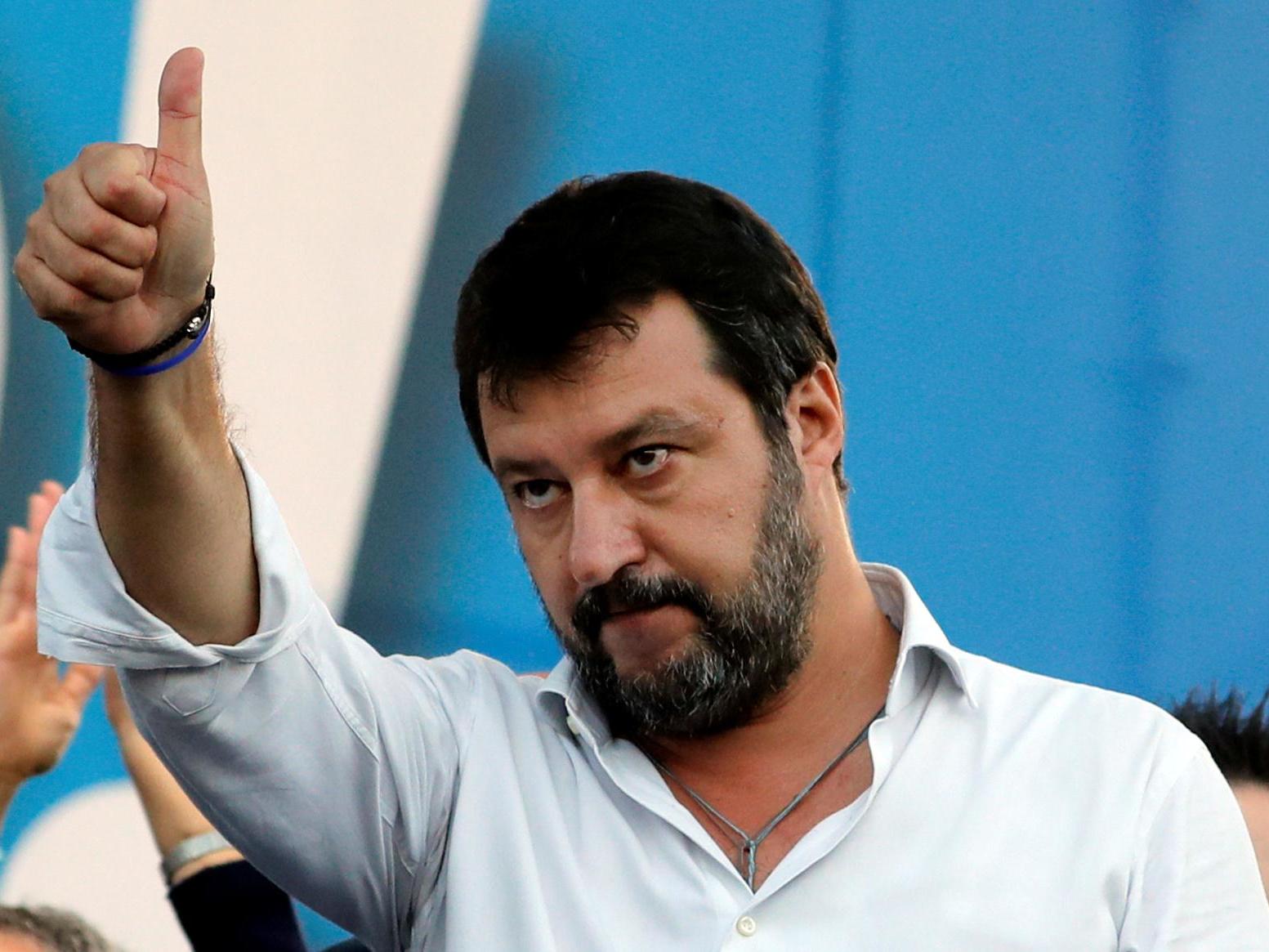 League party leader Matteo Salvini gestures during an anti-government demonstration in Rome