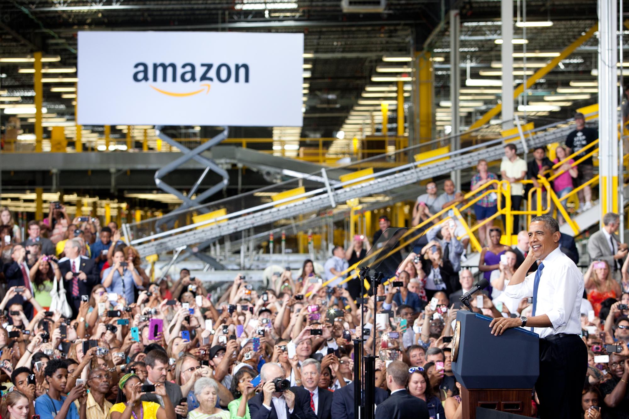 Then US president Barack Obama makes a speech about the economy and jobs at an Amazon fulfilment centre in Chattanooga, Tennessee, in July 2013