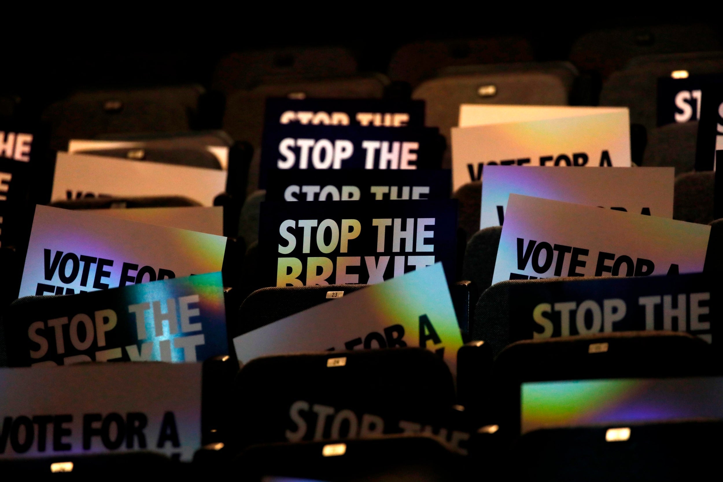 Placards stacked at the ‘Stop The Brexit Landslide’ event in London