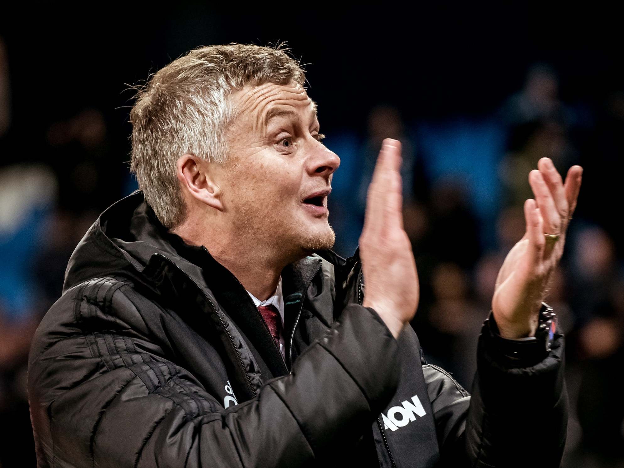 Ole Gunnar Solskjaer celebrates after victory in the Manchester derby