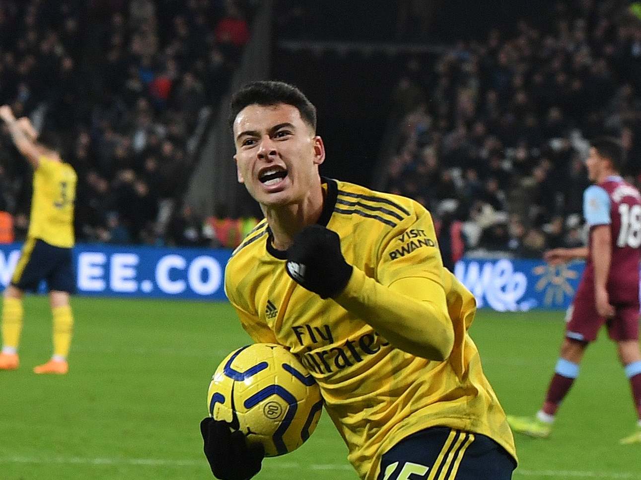 Gabriel Martinelli celebrates scoring against West Ham