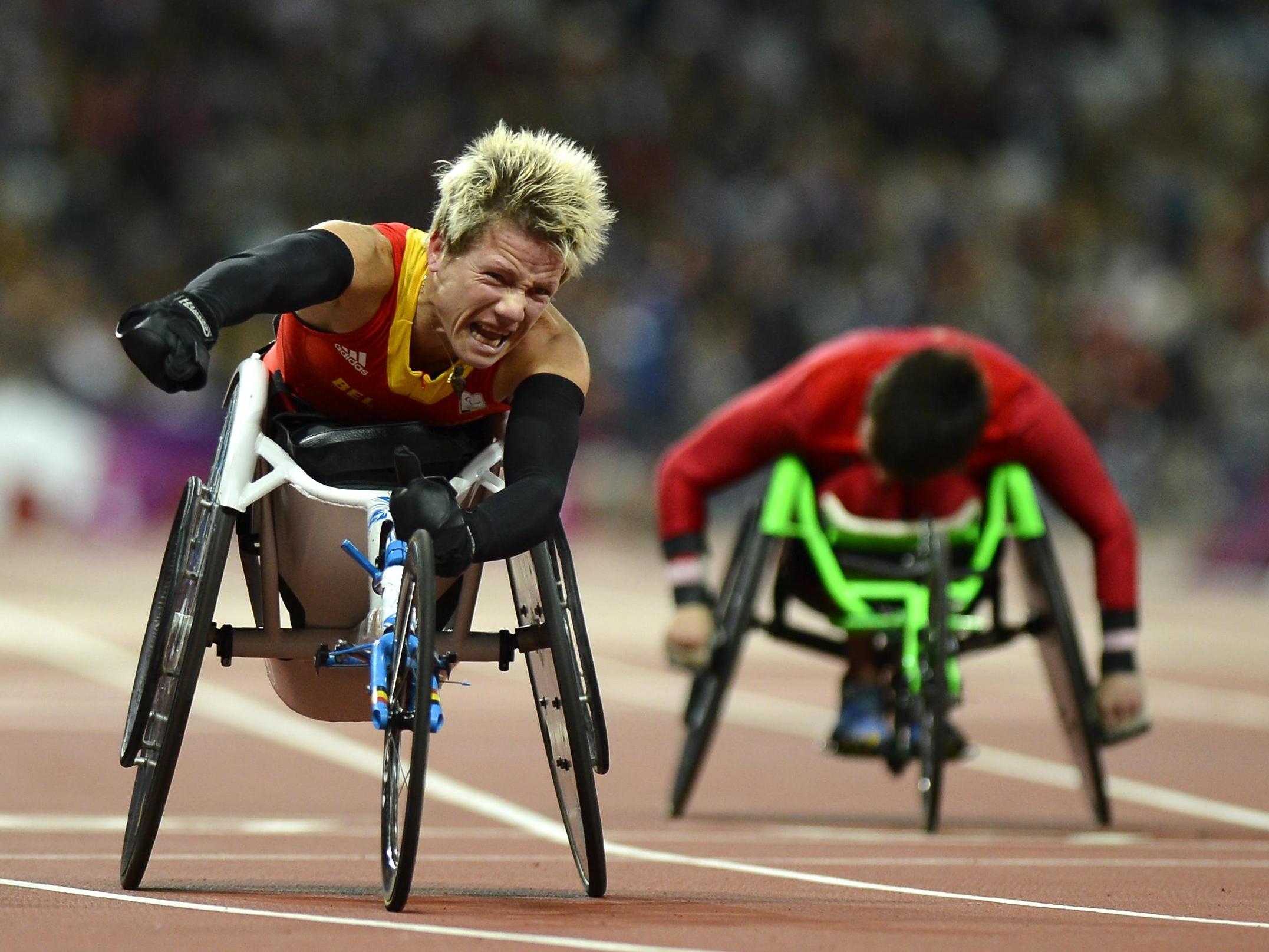 Gold star: Vervoort winning the 100m T52 wheelchair race at the London 2010 Paralympic Games