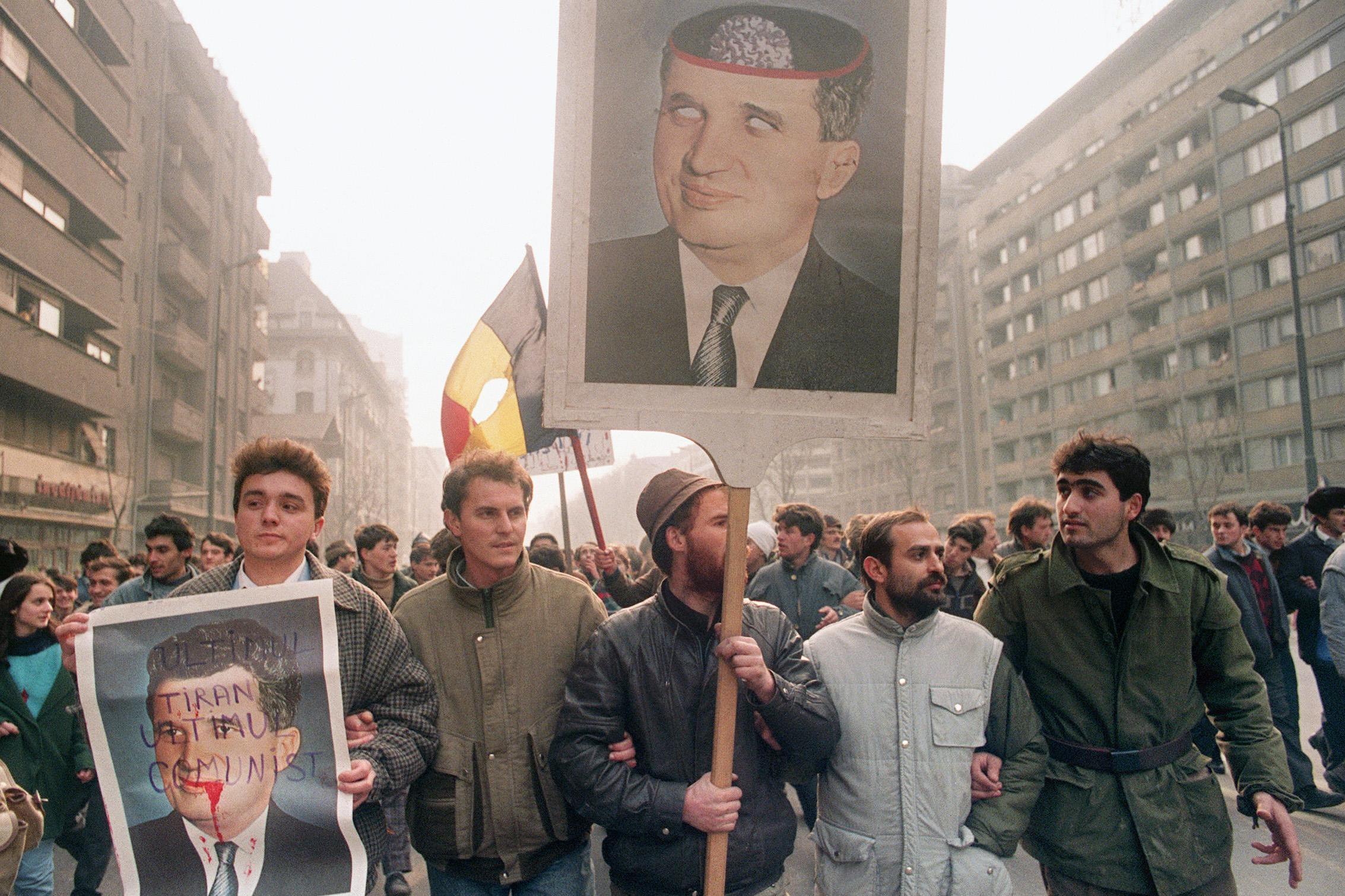 Anti-Ceausescu demonstrators on the Bucharest streets on Christmas day 1989