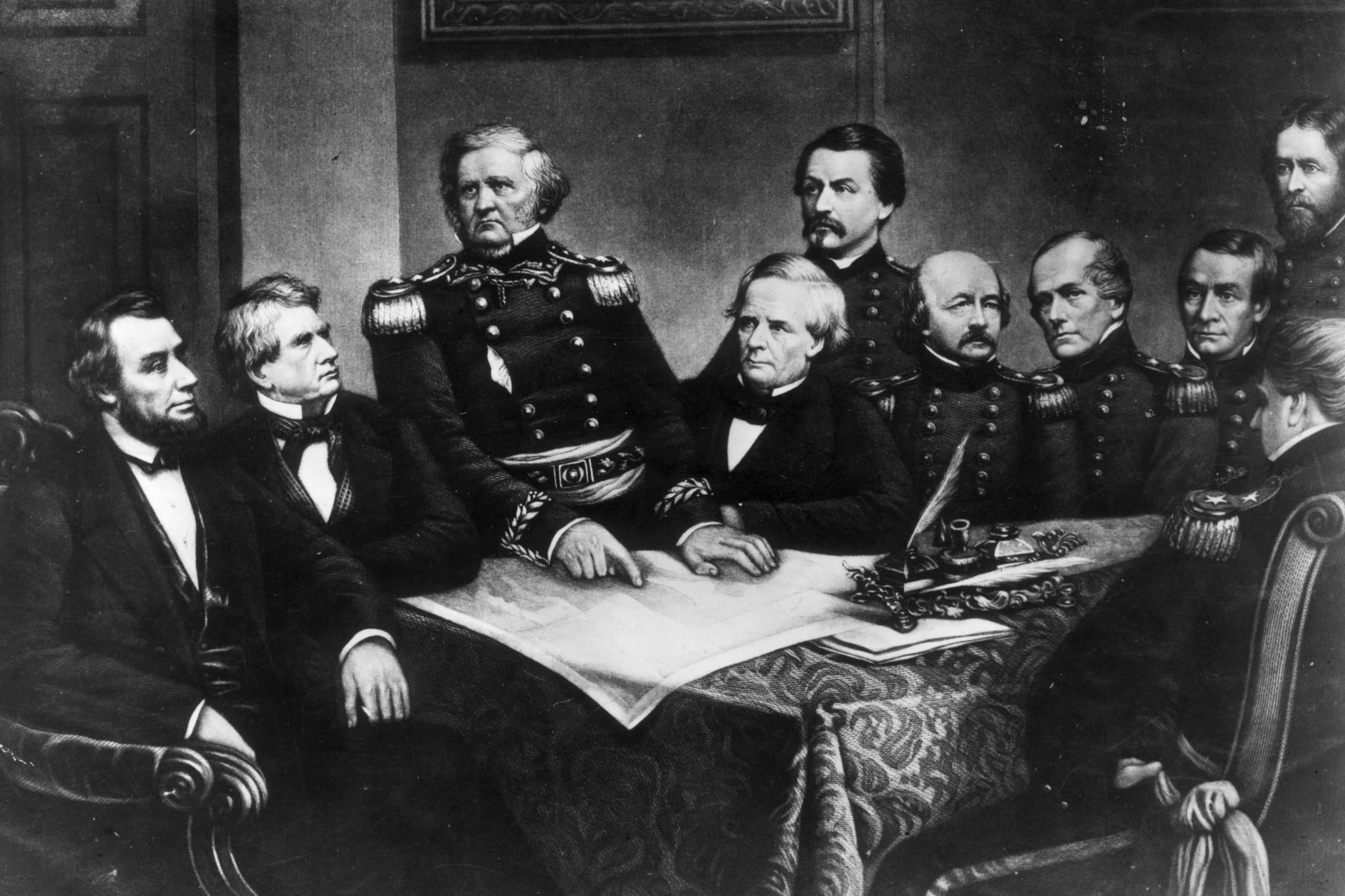 Union leaders in a council of war, 1861: for centuries Americans have believed they are above the laws that govern all other nations (Getty)