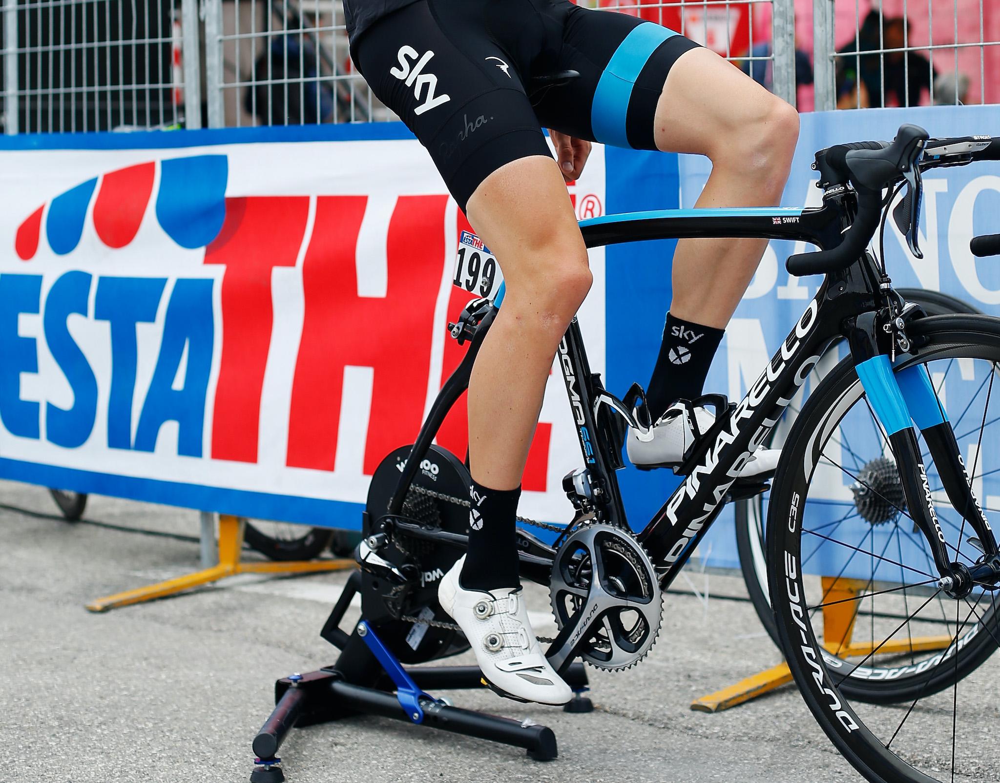 Ben Swift of Great Britain and Team SKY cools down on a turbo trainer after finishing the nineteenth stage of the 2014 Giro d'Italia, a 27km Individual Time Trial stage between Bassano del Grappa and Cima Grappa on May 30, 2014 in Bassano del Grappa, Italy