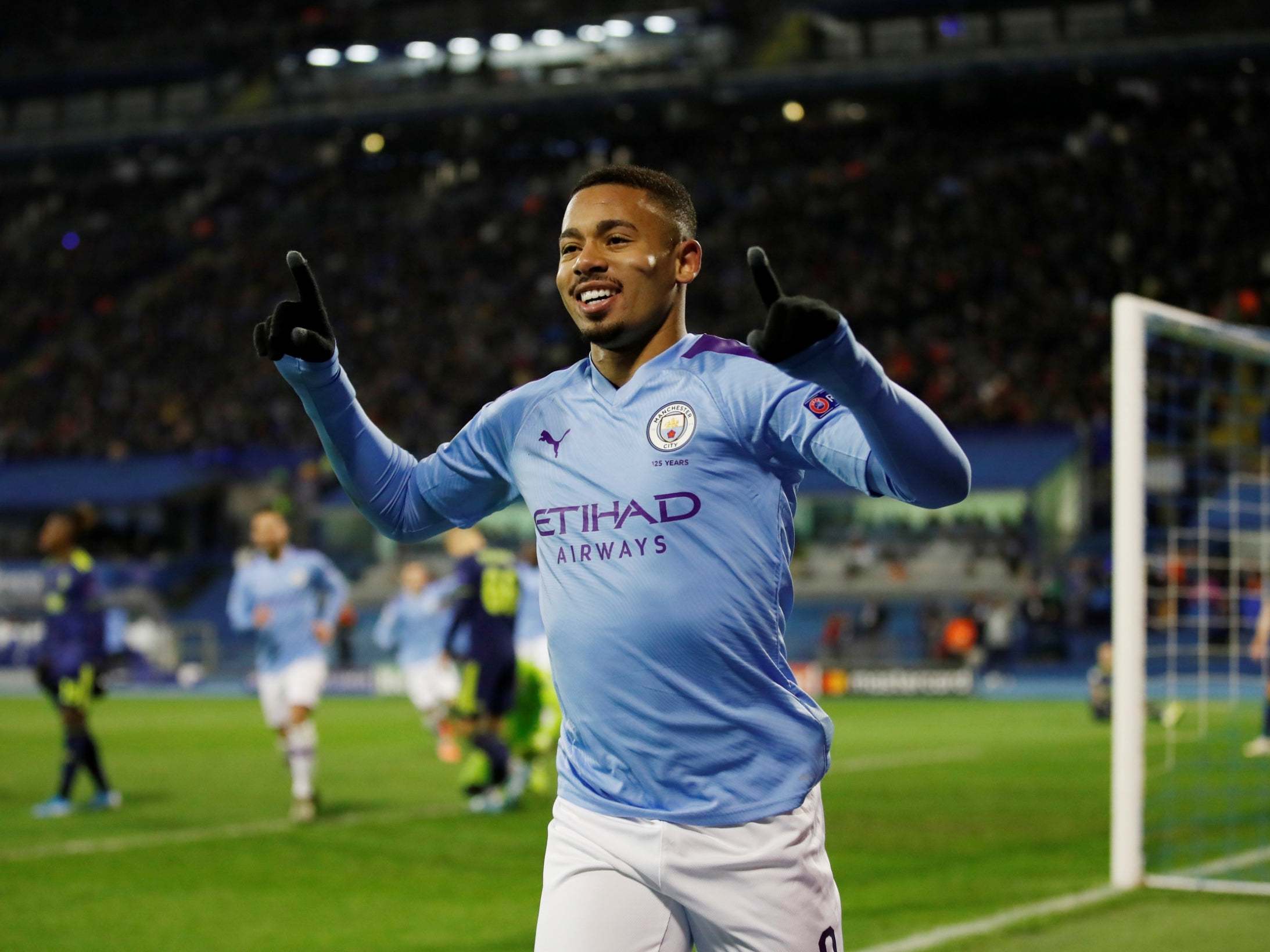 Gabriel Jesus celebrates after completing his hat-trick