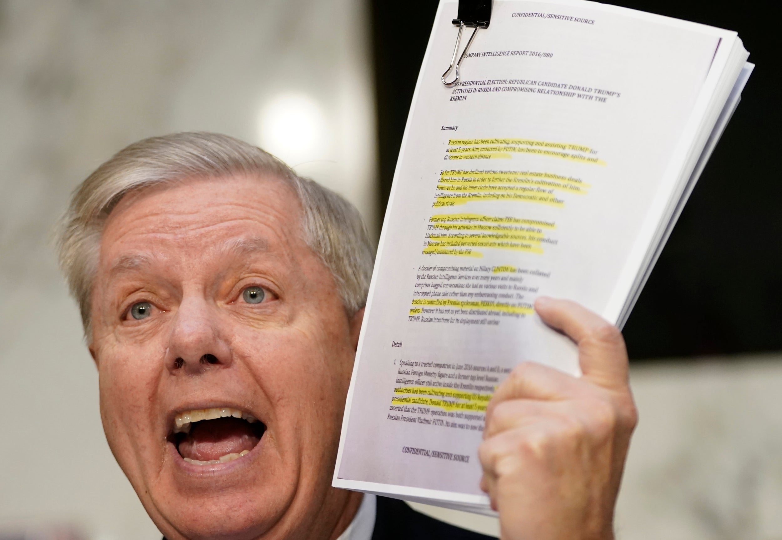 Lindsey Graham brandishes a copy of the Steele dossier while questioning Mr Horowitz