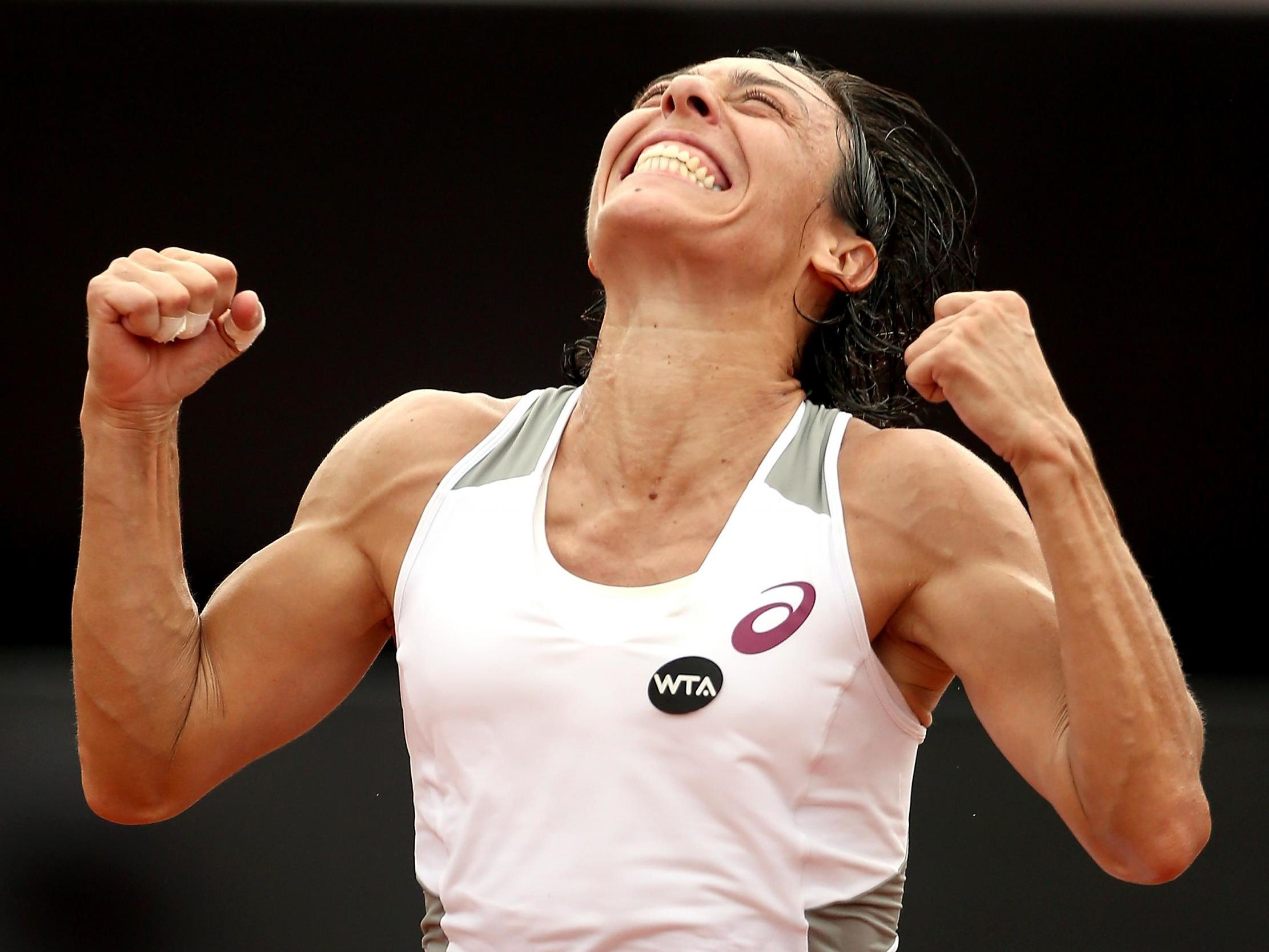 Francesca Schiavone celebrates beating Shelby Rogers at the Rio Open 2016