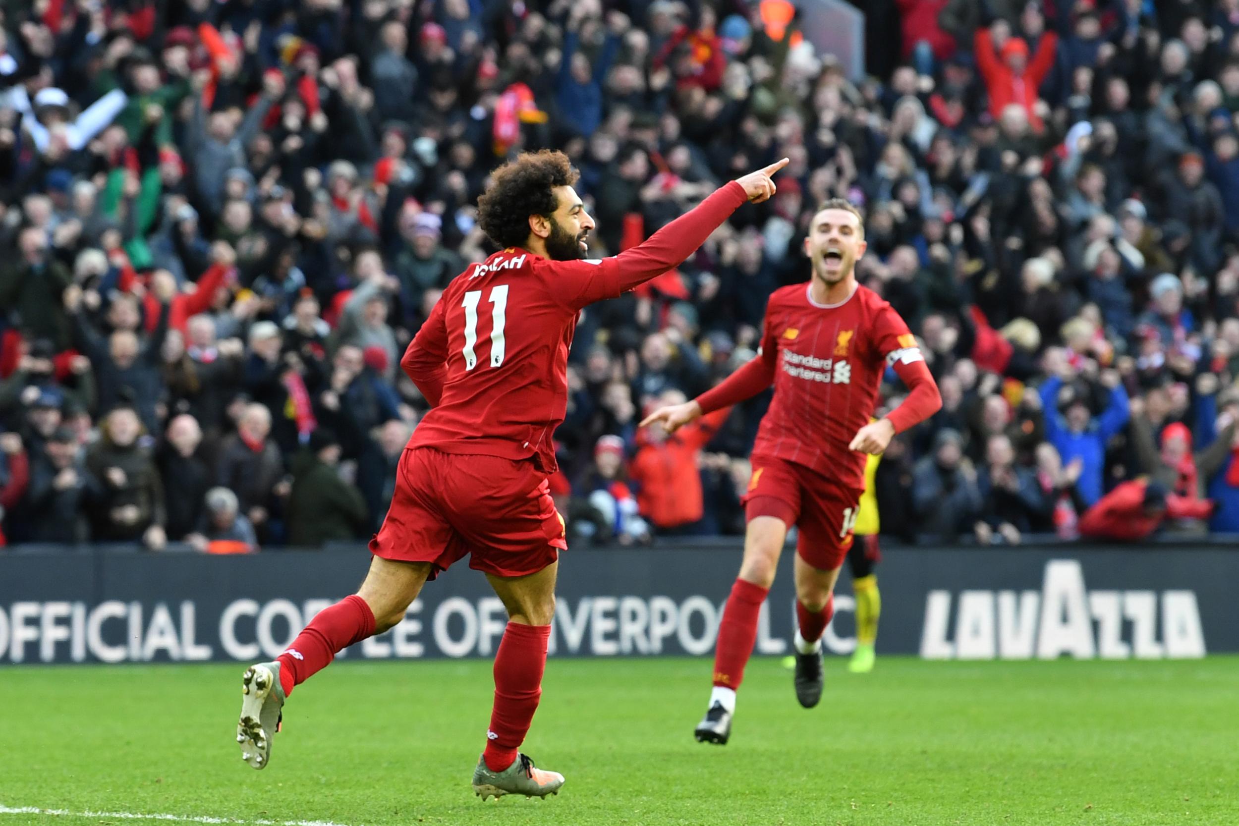 Mohamed Salah celebrates his first goal for Liverpool