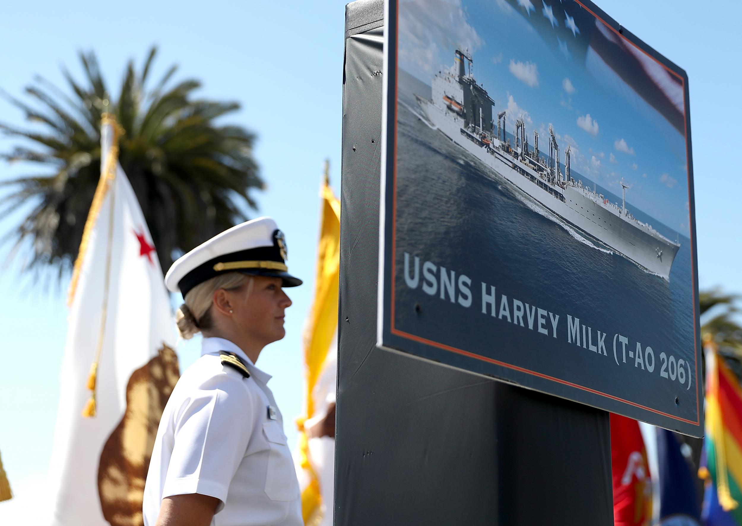 A photo of the new USNS Harvey Milk is displayed during a ship naming ceremony on 16 August 2016