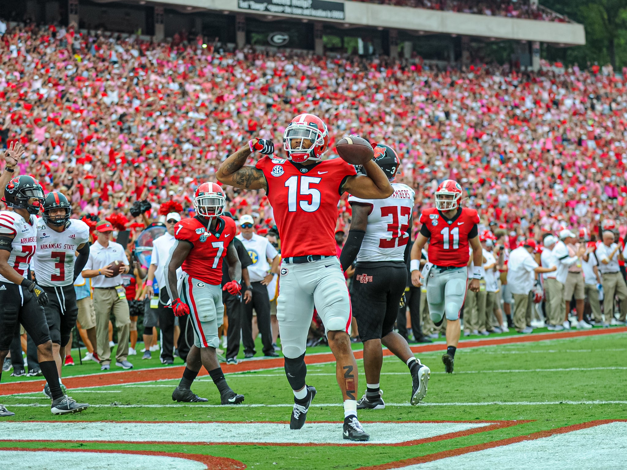 Georgia Bulldogs wide receiver Lawrence Cager celebrates a touchdown