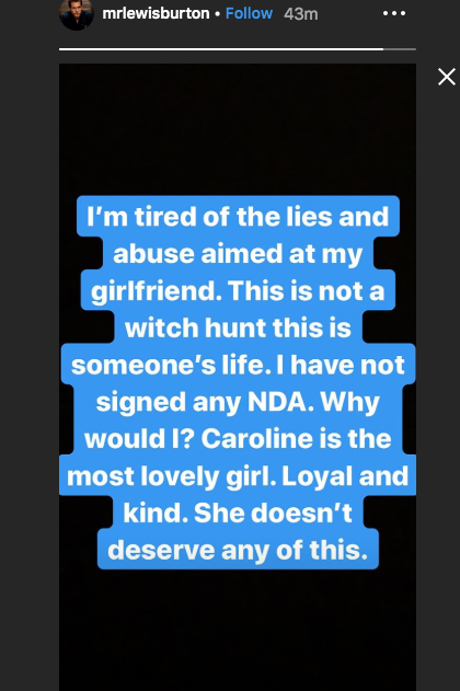 A screenshot of Burton’s Instagram story, which states Flack has been the victim of a ‘witch hunt’