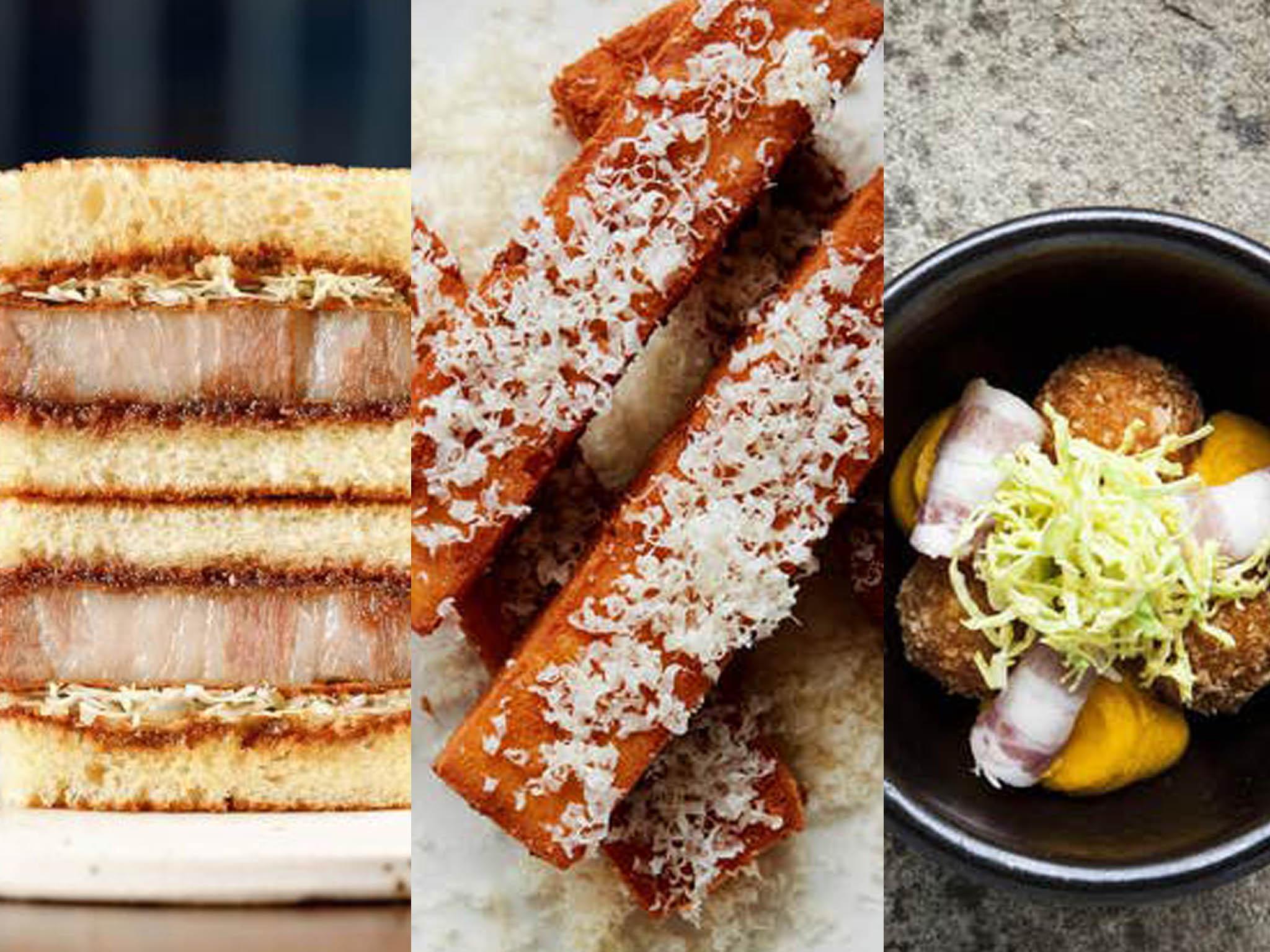 From left to right: pork sando from Tou at Arcade Food Theatre, Tottenham Court Road; comte fries at Levan, Peckham; and pea falafel with squash at Roots, York