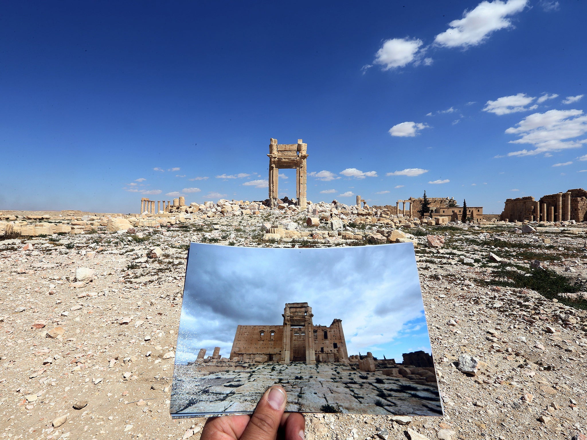 The Temple of Bel in 2016 and (inset) 2014, before it was destroyed by Isis