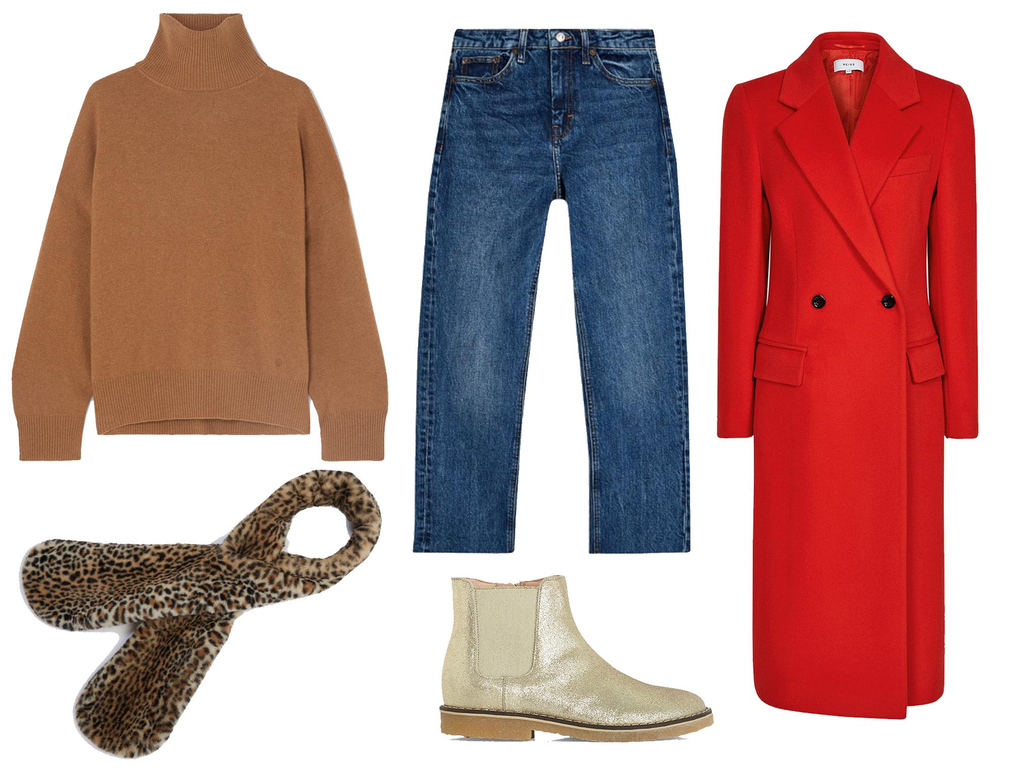 LouLou Studio, Murano cashmere turtleneck sweater: £320, The Kooples, leopard print scarf: £54,50, Topshop, jeans: £40, Jacadi, chelsea boots: £95, Reiss, Sabel red overcoat: £145.