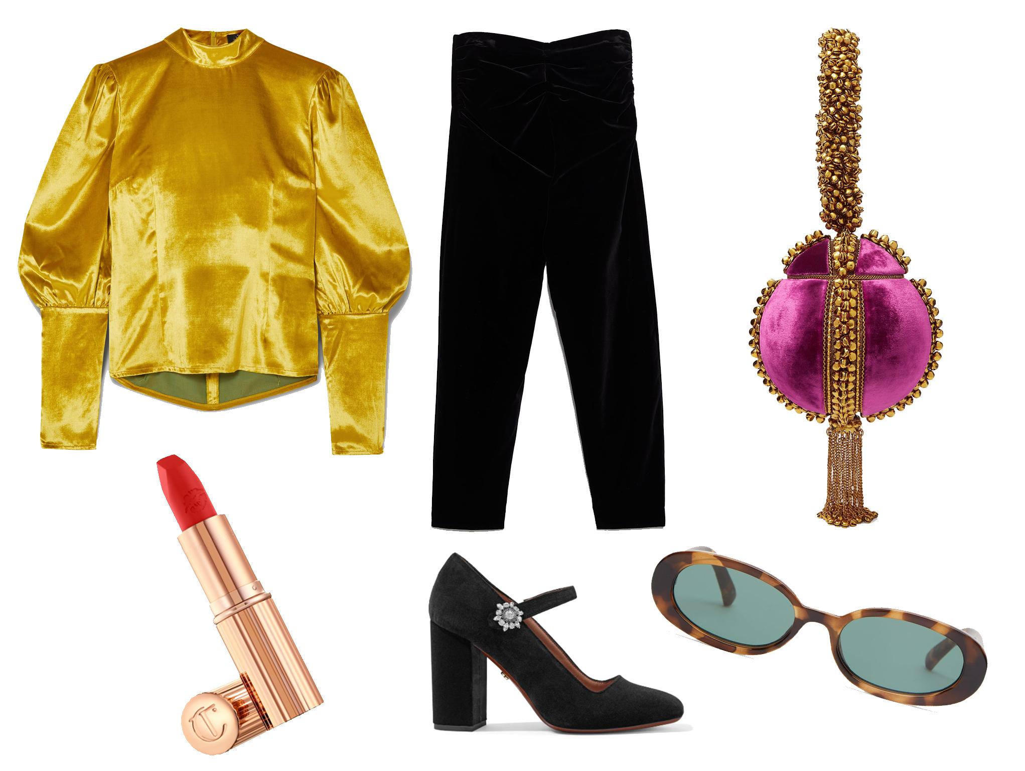 De Le Vali, Jane sequined crepe top: £330, Zara, velvet trousers: £49.99, Alexachung, Crystal-embellished velvet Mary Jane pumps: £217, Mae Cassidy, Babi Bracelet tasseled embellished velvet clutch: £310, Le Specs, Outta Love oval tortoiseshell-acetate sunglasses: £40, Charlotte Tilbury, Hot Lips lipstick: £25.